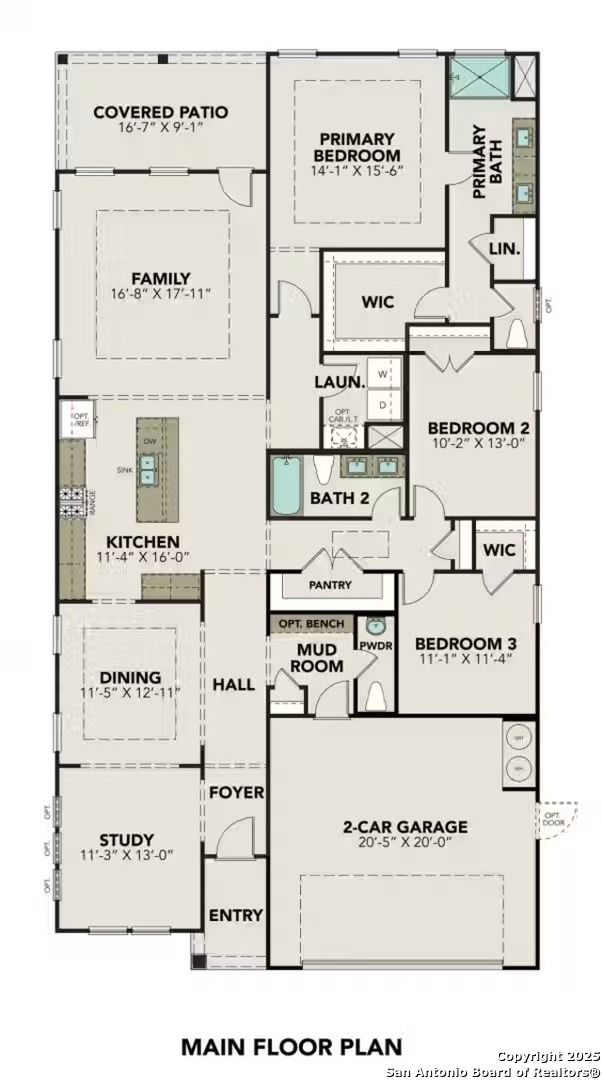 Main floor plan of 3-bedroom, 3.5-bath The Glenwood F home by Davidson Homes in Hannah Heights, Seguin, Texas