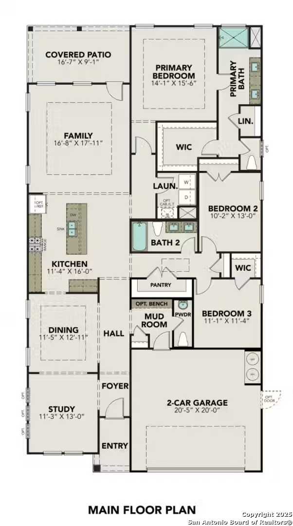 Main floor plan of 3-bedroom, 3.5-bath The Glenwood F home by Davidson Homes in Hannah Heights, Seguin, Texas