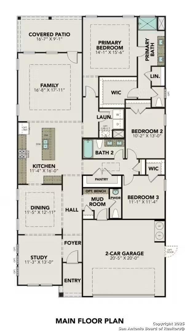 Main floor plan of 3-bedroom, 3.5-bath The Glenwood F home by Davidson Homes in Hannah Heights, Seguin, Texas
