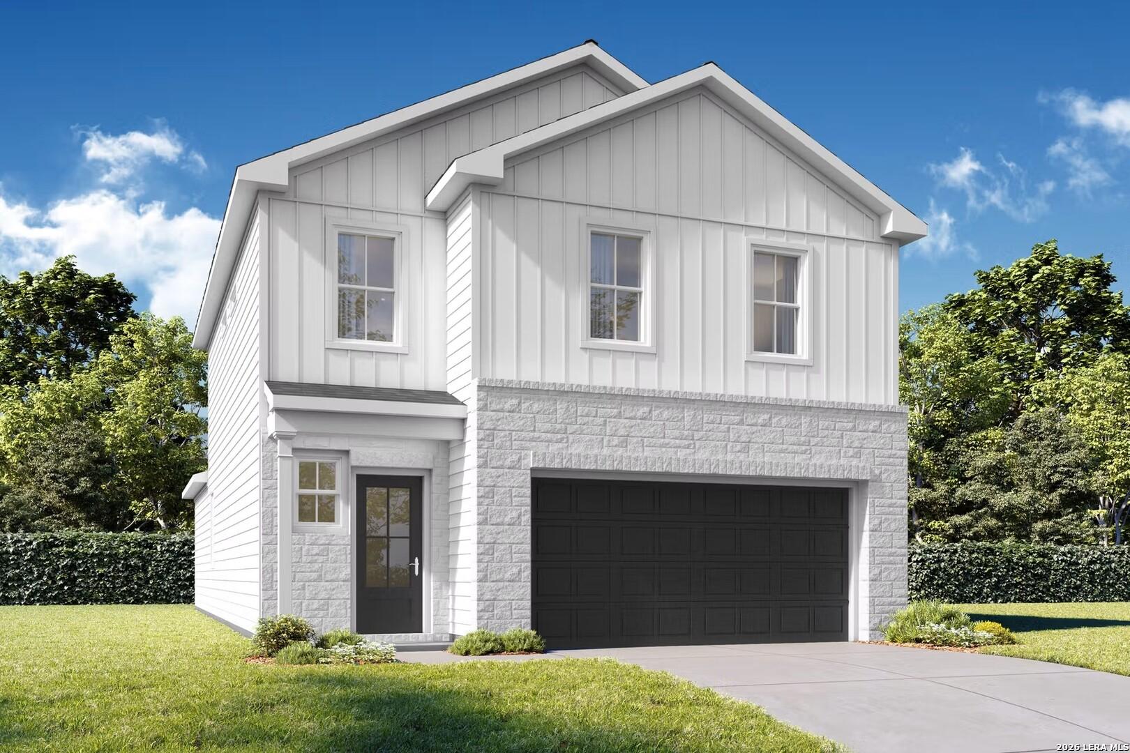 Two-story Meadowbrook C floor plan by Davidson Homes featuring a white exterior and two-car garage in Fairway Crossing.