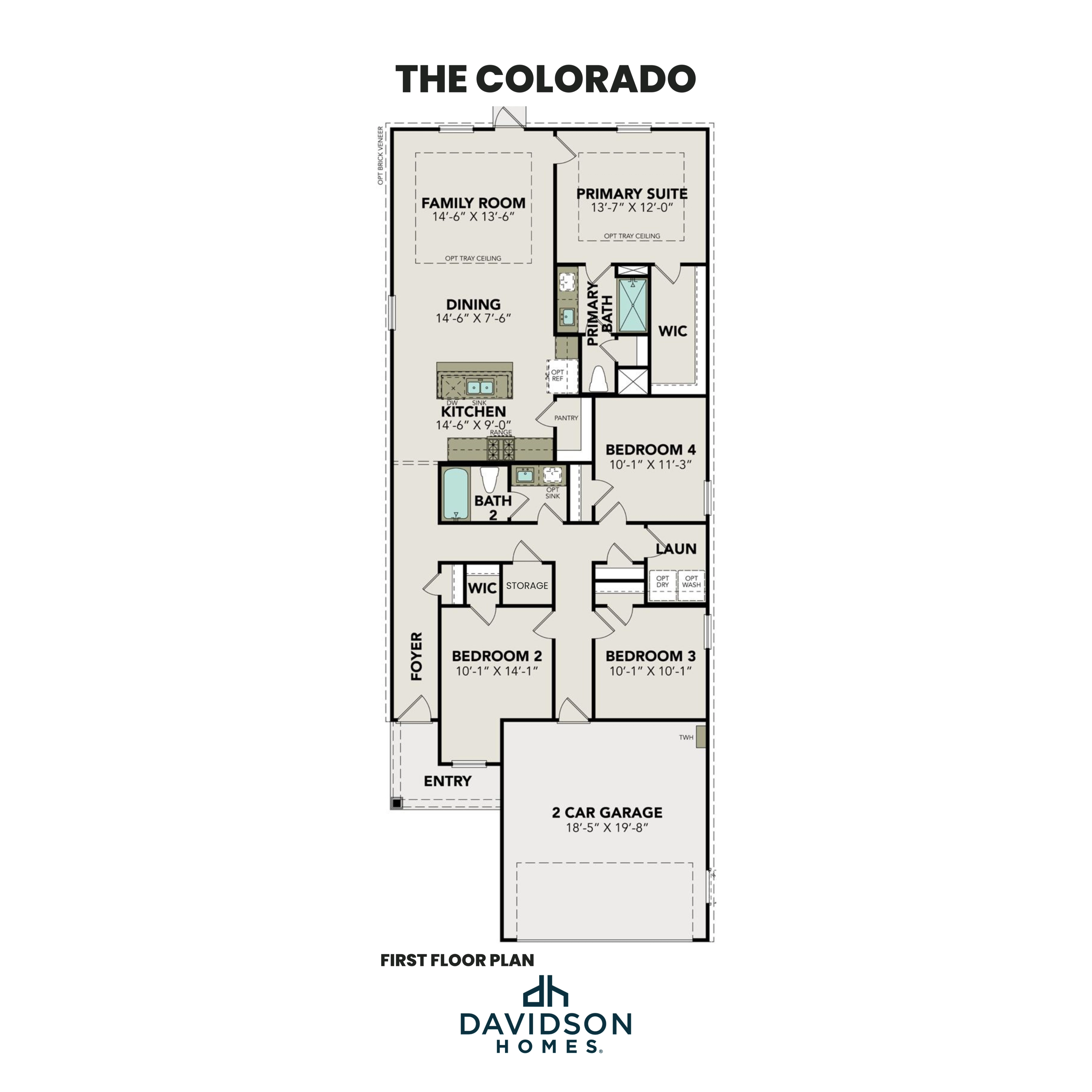 The Colorado first floor plan by Davidson Homes: 4-bedroom, 2-bath layout with primary suite, open kitchen-family room, 2-car garage