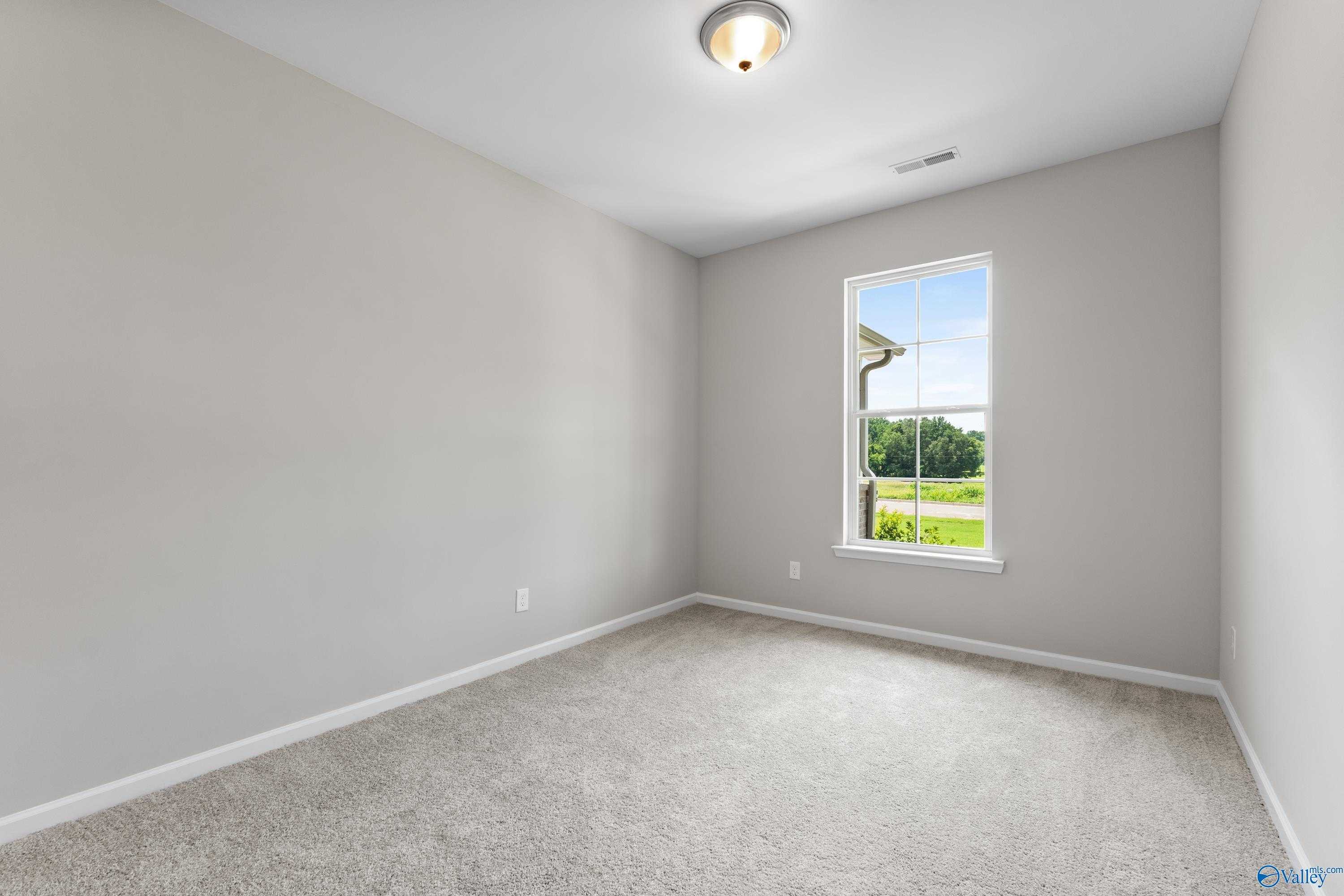 Bright secondary bedroom with gray walls, carpeted floor, and window view of green field in Davidson Homes The Sanctuary, Huntsville, AL