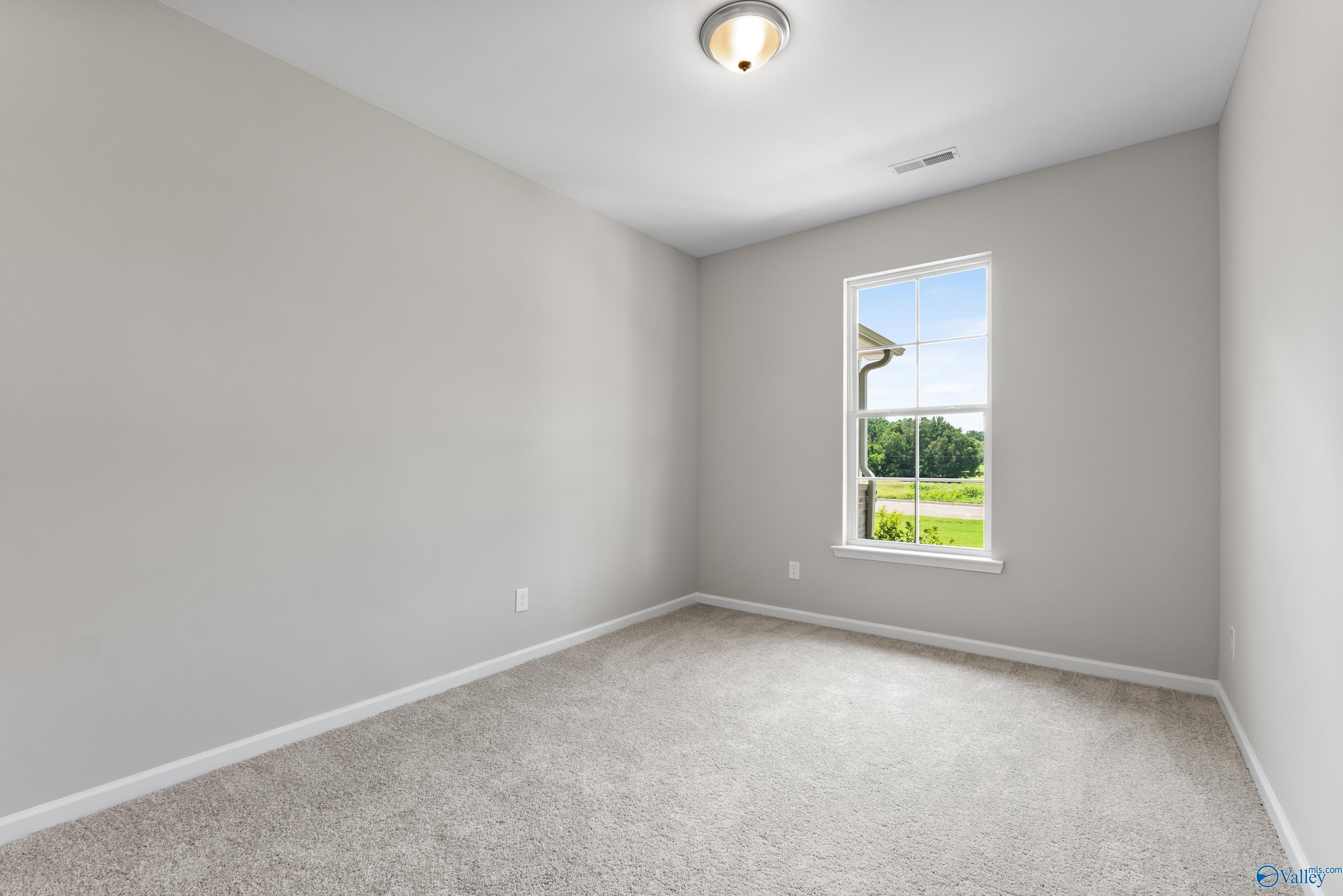 Bright empty bedroom with gray walls, beige carpet, and window overlooking green fields in Davidson Homes The Sanctuary, Huntsville