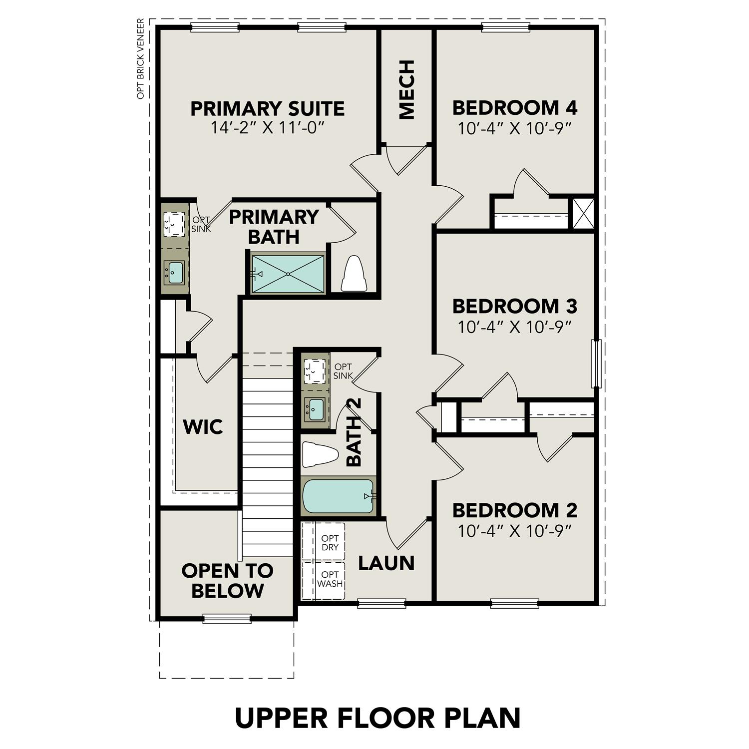 Upper floor plan of The Trinity B showcasing primary suite, two secondary bedrooms, shared bath, and optional laundry in 1,708 sq ft design