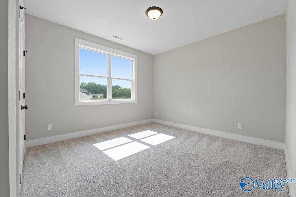Sunny secondary bedroom with large window overlooking trees, gray walls, carpet floor in The Oxford home, Owens Cross Roads, AL