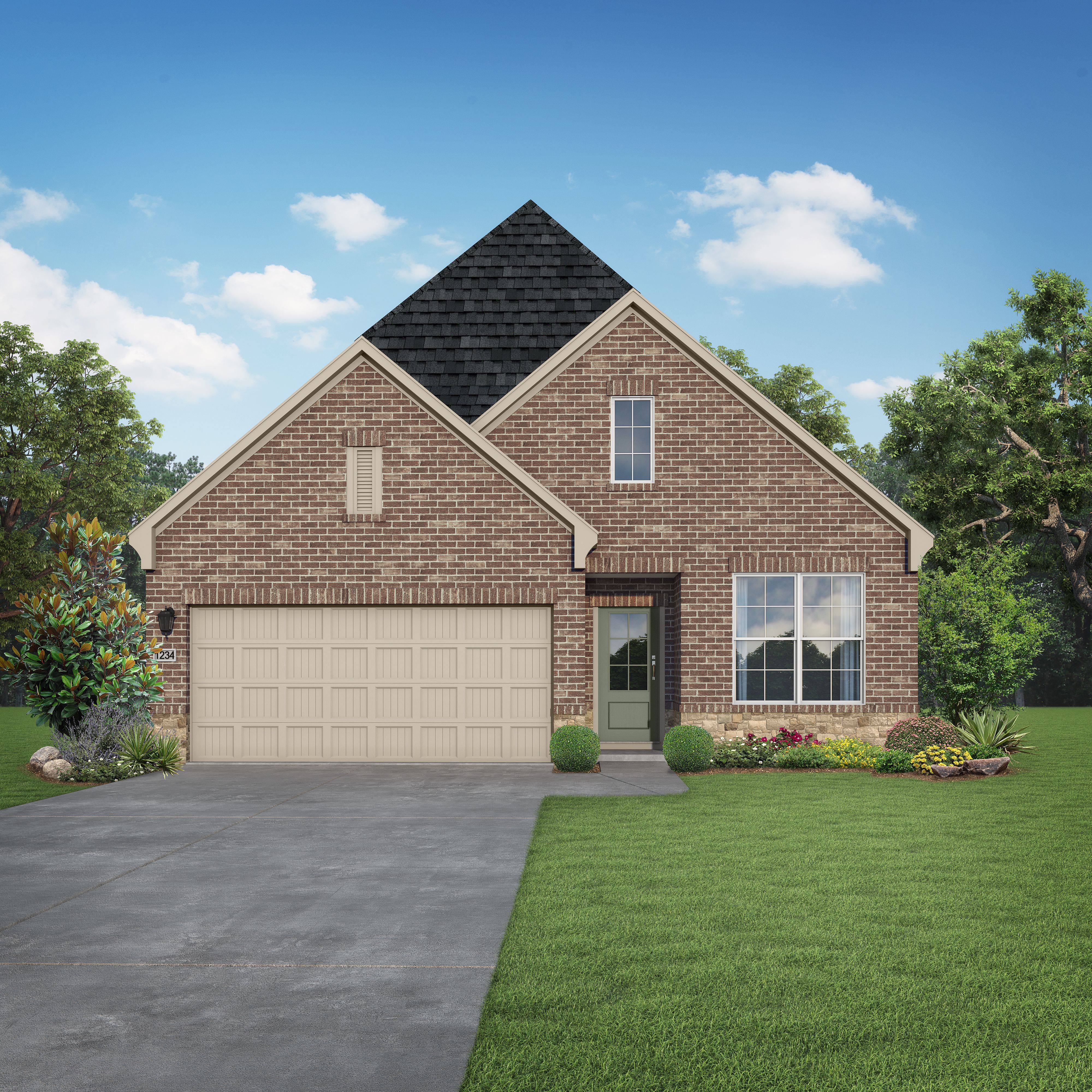 The Luna K single-story brick home elevation in Katy TX, featuring 2-car garage, gabled roof, and landscaped front yard