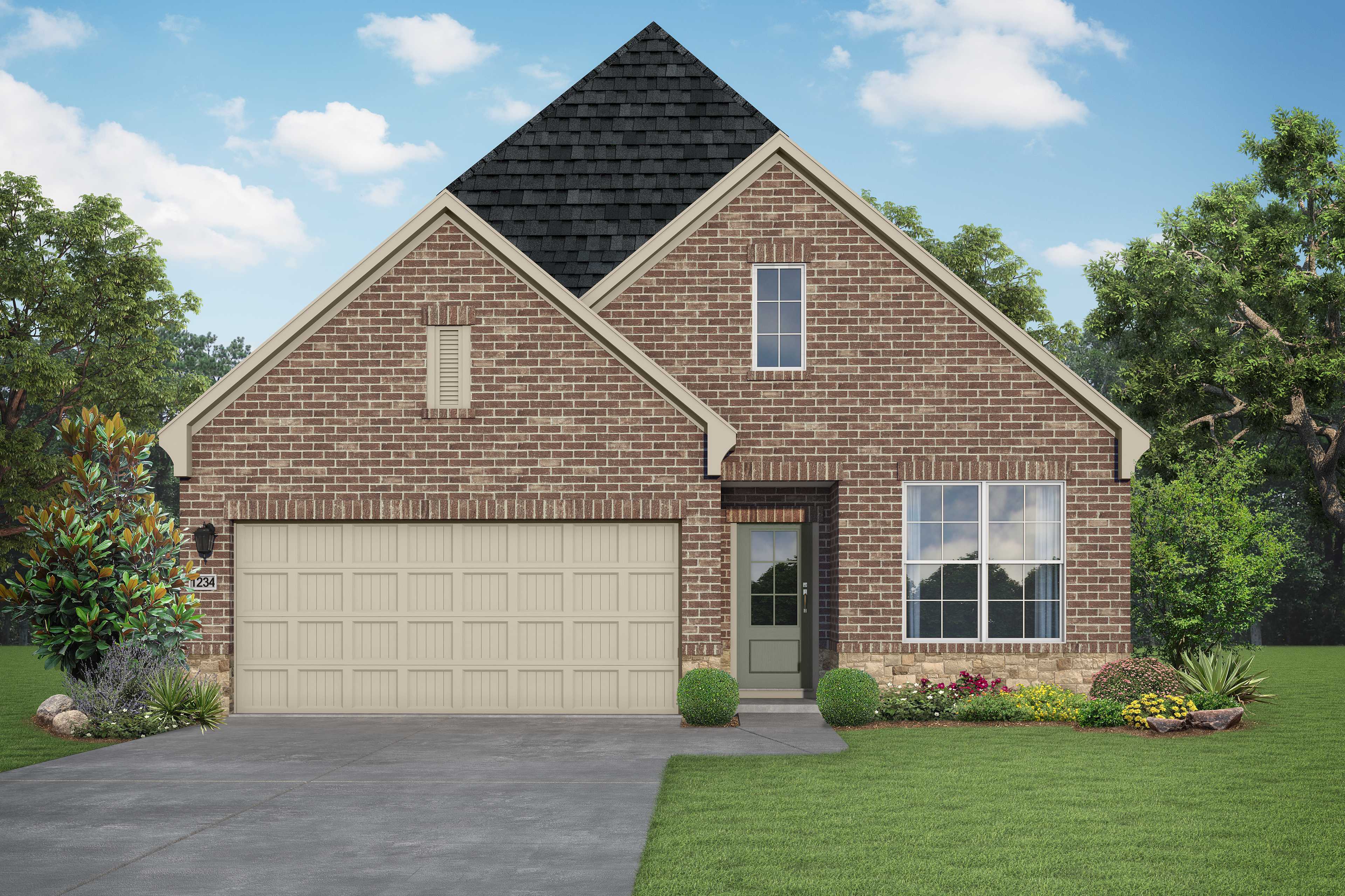 The Luna K single-story brick home elevation in Katy TX, featuring 2-car garage, gabled roof, and landscaped front yard