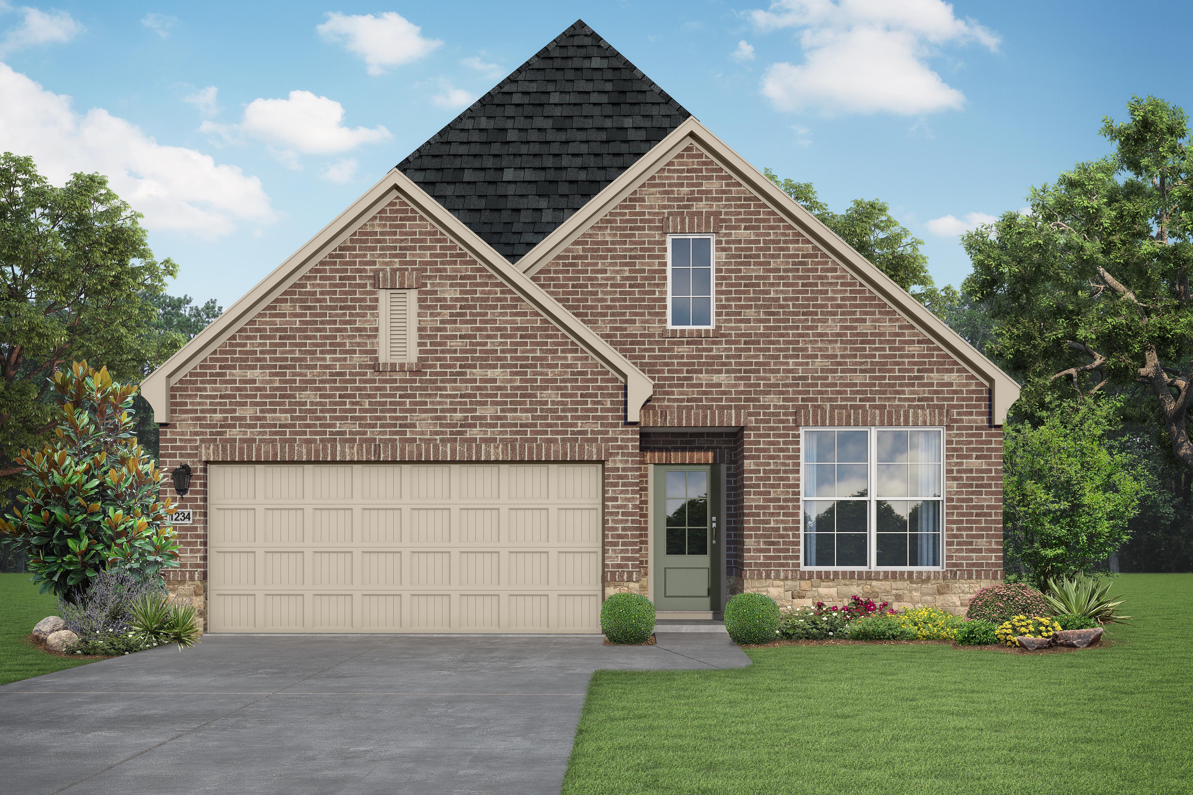The Luna K single-story brick home elevation in Katy TX, featuring 2-car garage, gabled roof, and landscaped front yard