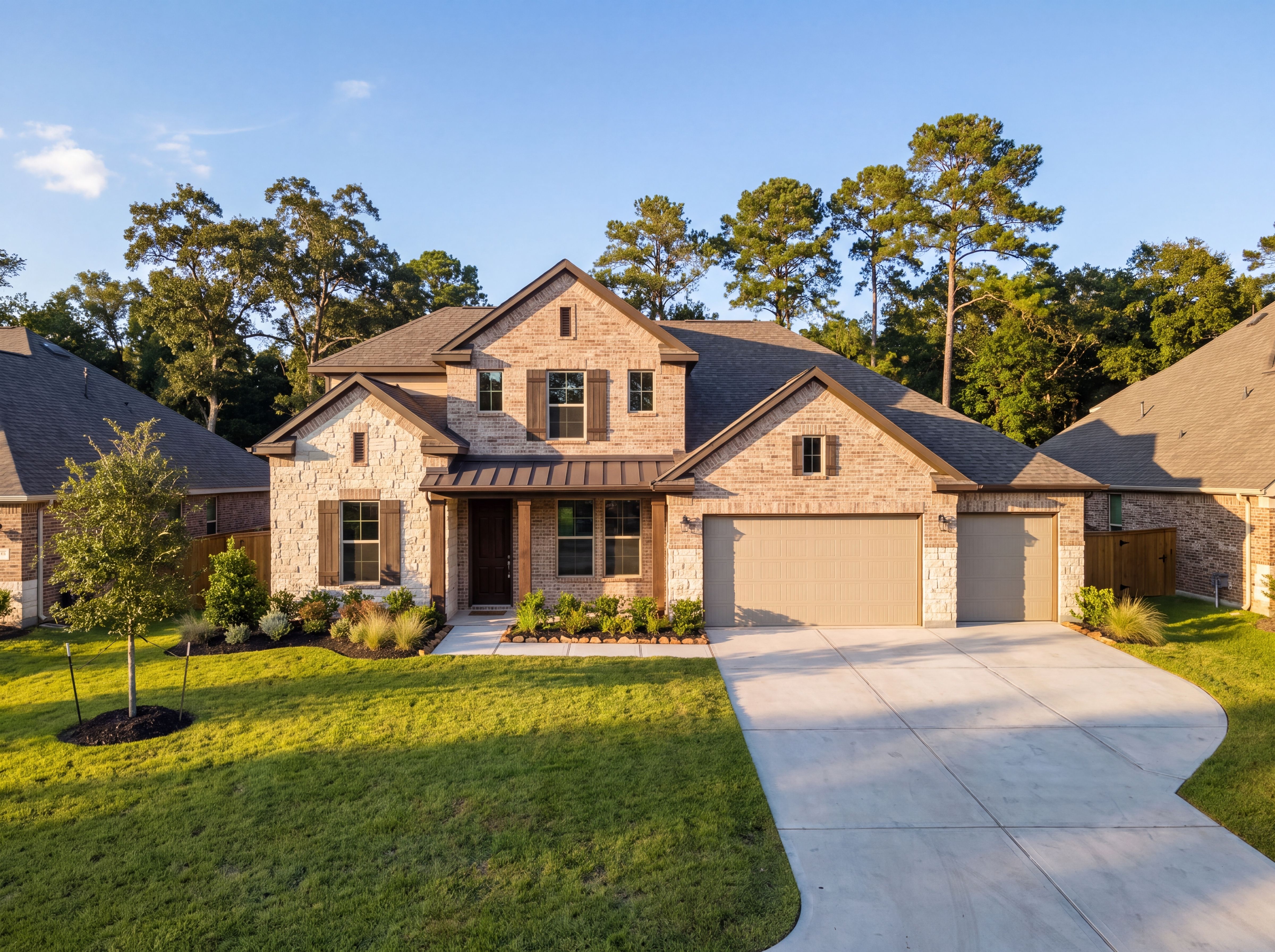 Front elevation of The Victoria by Davidson Homes featuring brick and stone exterior, 4-car garage, and landscaped yard
