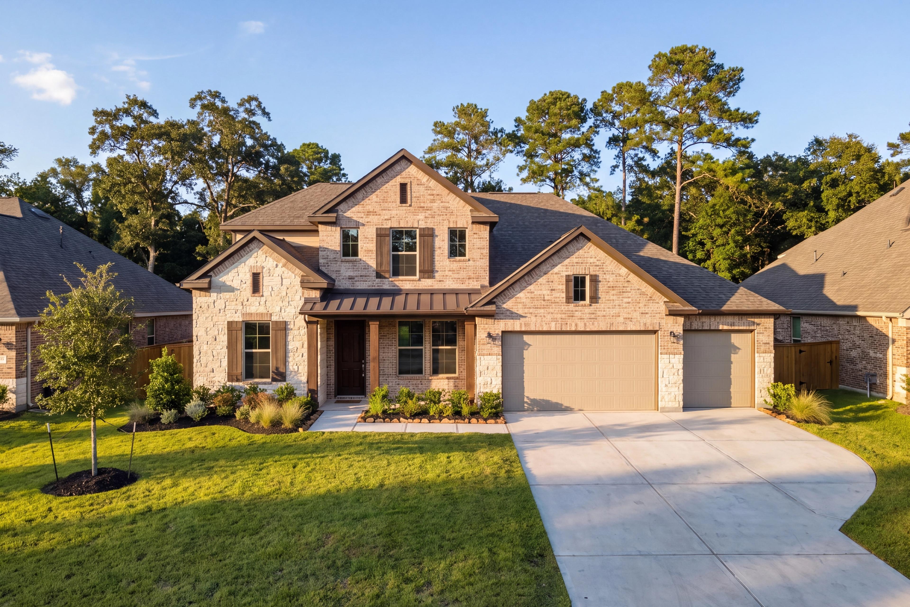 Front elevation of The Victoria by Davidson Homes featuring brick and stone exterior, 4-car garage, and landscaped yard