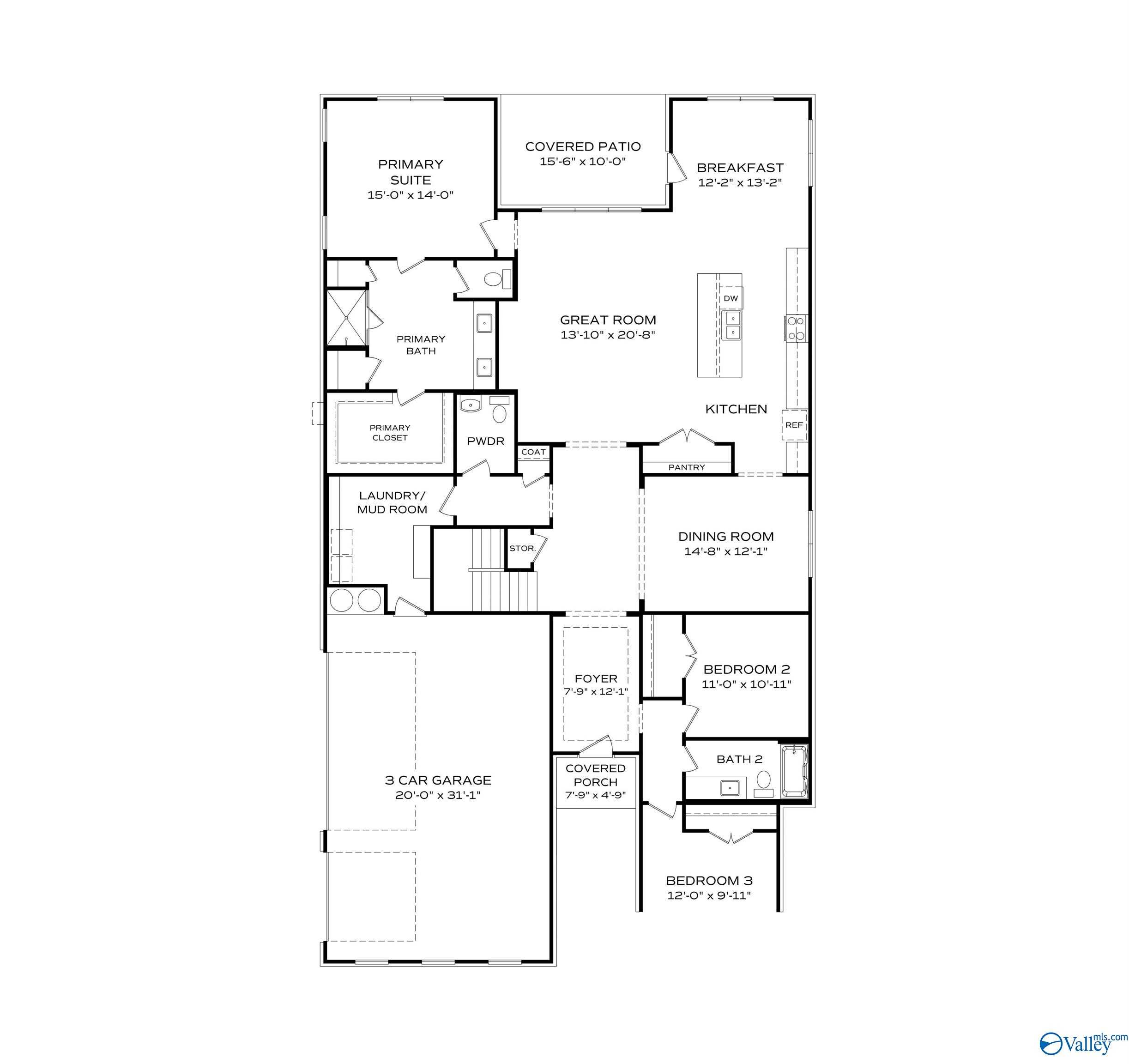 The Oxford floor plan by Evermore Homes: 5-bed, 4.5-bath layout with primary suite, open great room, kitchen, and covered patio in Owens Cross Roads, AL