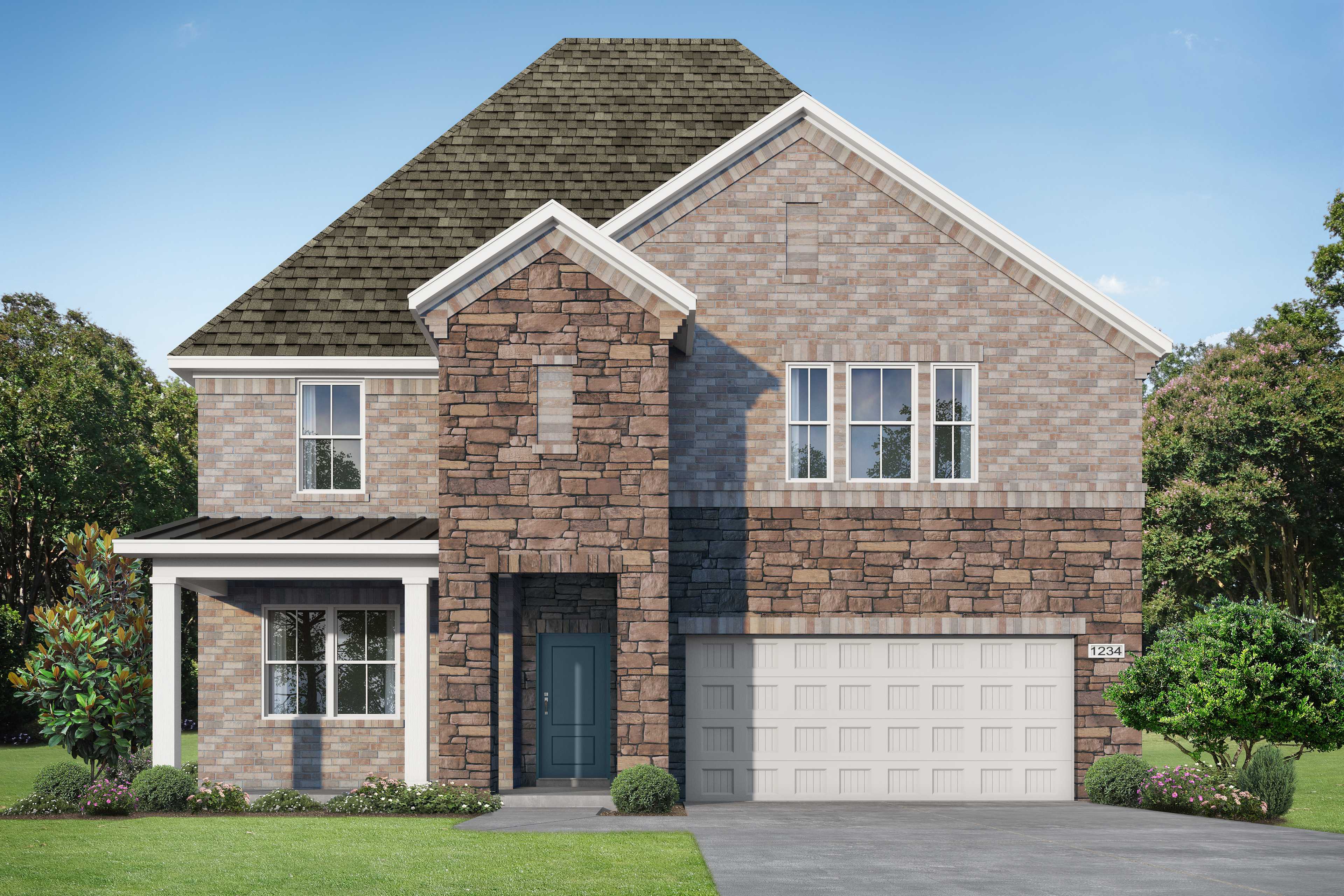 Two-story brick and stone exterior of The Sequoia O home featuring gabled roof, covered porch, and 2-car garage in Royse City