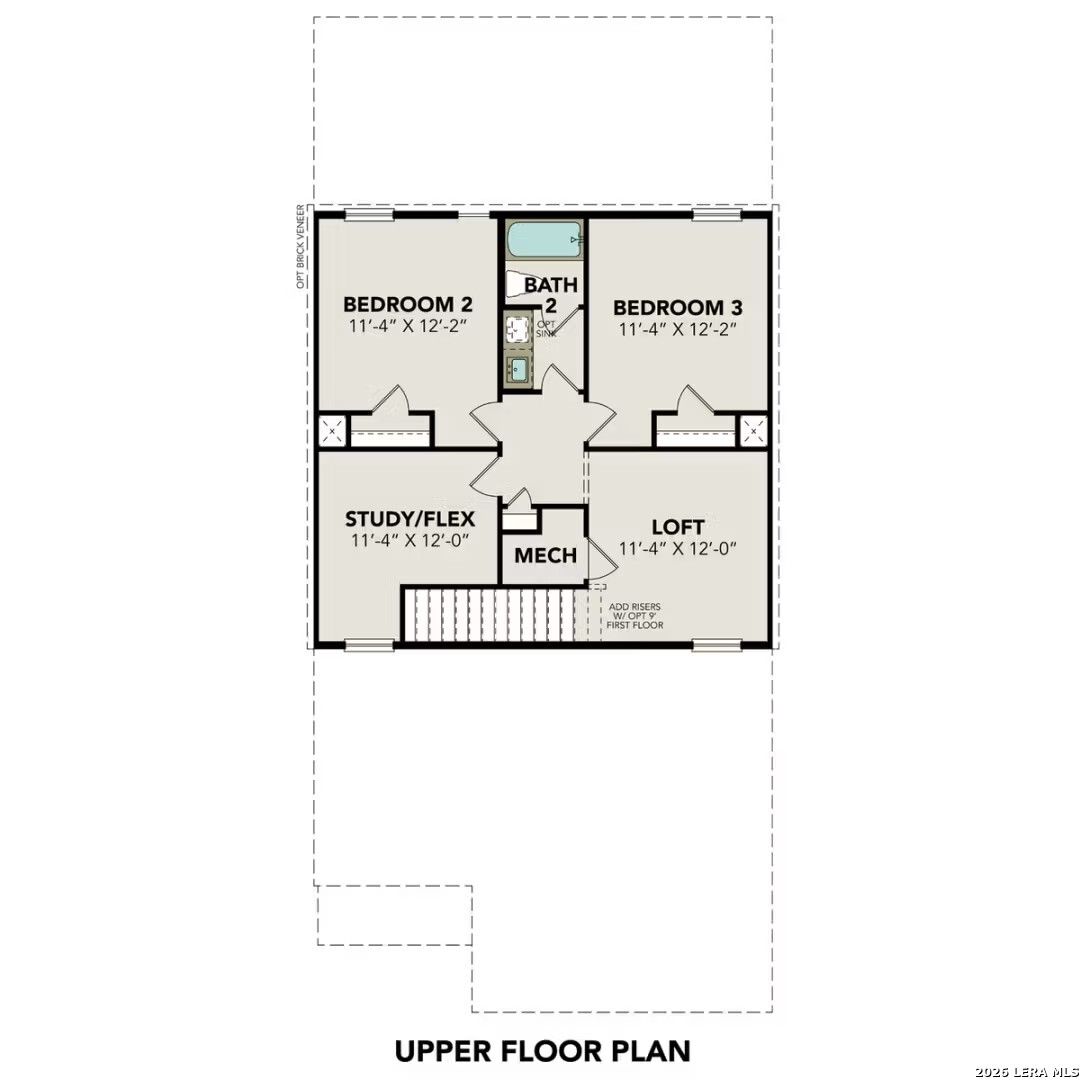 Upper floor plan of The Sabine B with two bedrooms, loft, study, and baths in Davidson Homes 4-bedroom home, Applewhite Meadows, San Antonio