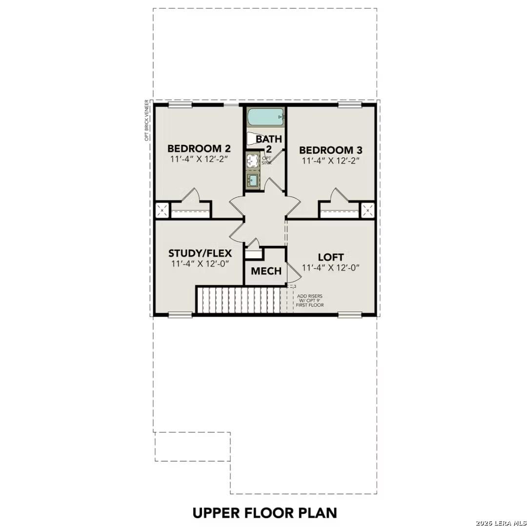 Upper floor plan of The Sabine B with two bedrooms, loft, study, and baths in Davidson Homes 4-bedroom home, Applewhite Meadows, San Antonio