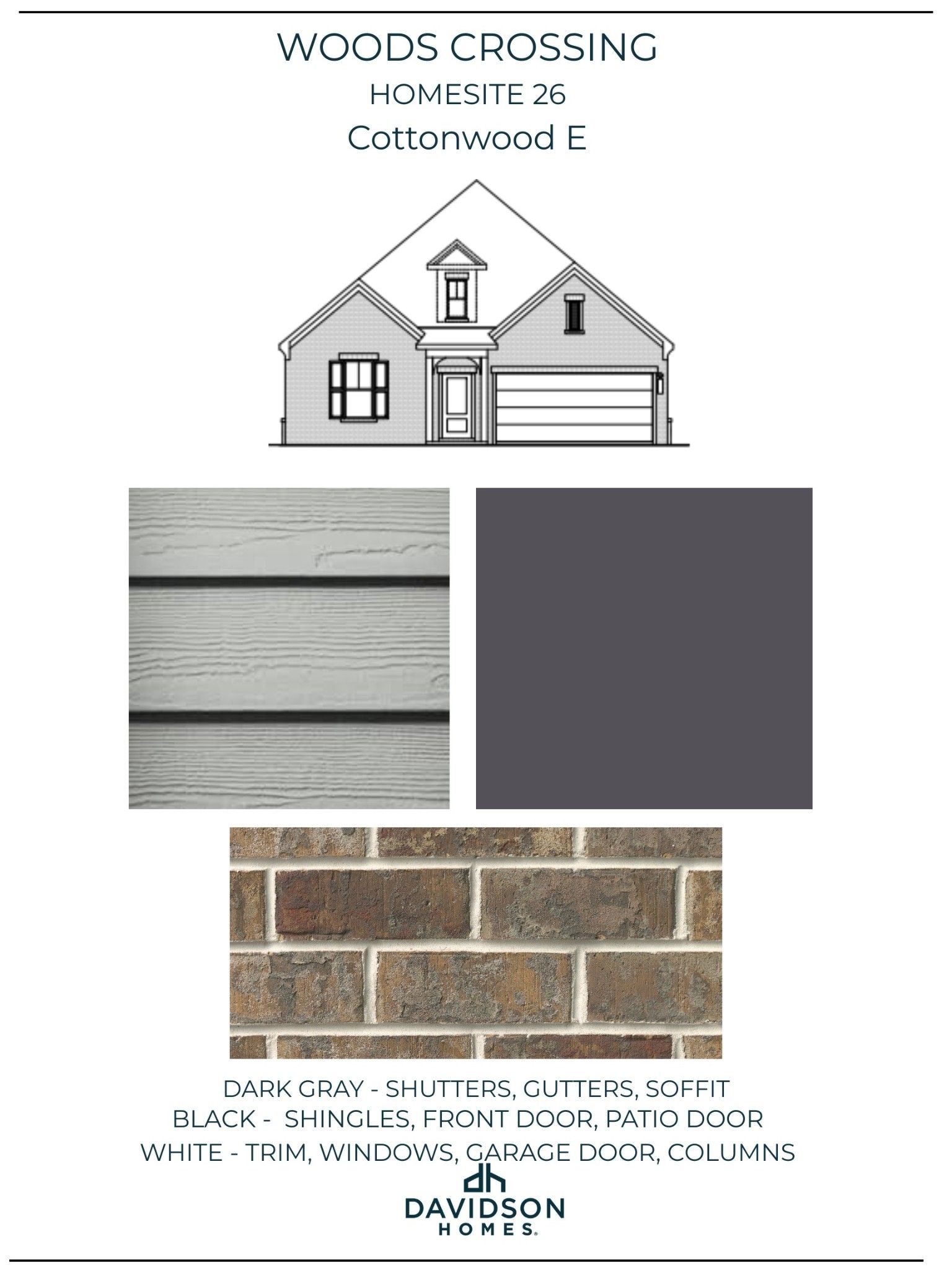 Exterior rendering of The Cottonwood E 3-bedroom home with dark gray shingles, white trim, brick siding in Woods Crossing, Gallatin, TN