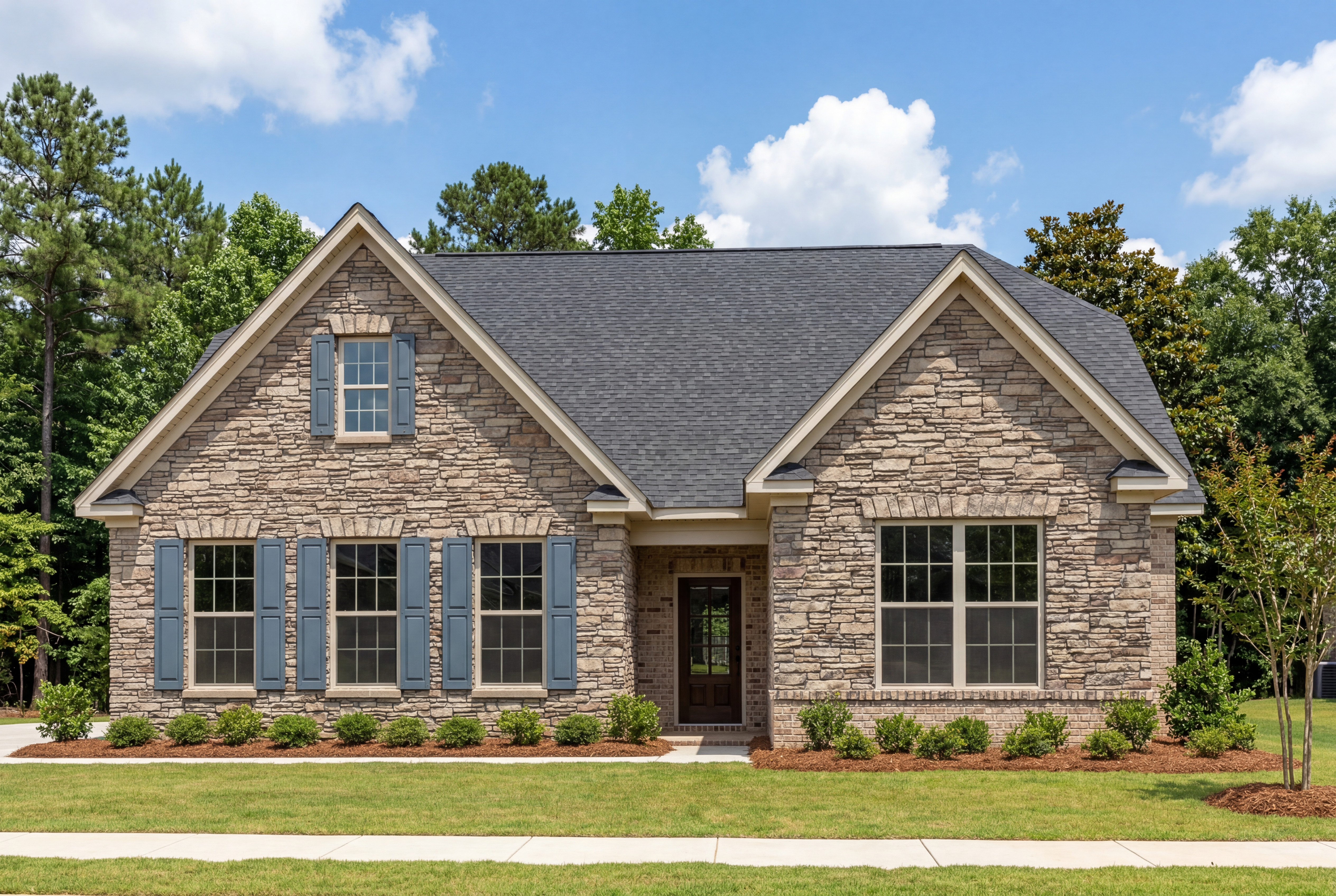 Stone and siding exterior of The Oxford single-family home by Evermore Homes in Owens Cross Roads, Alabama.