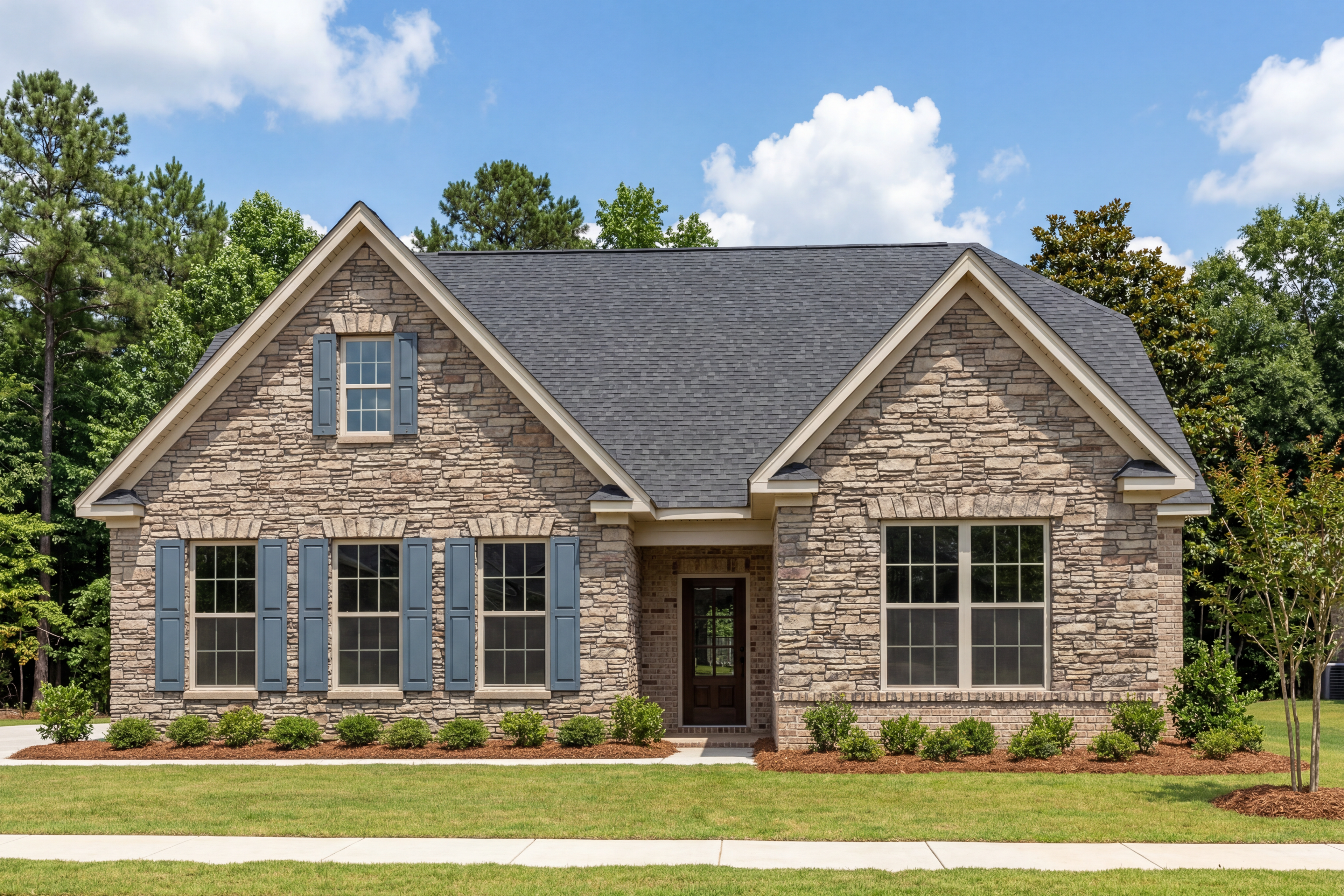 Stone and siding exterior of The Oxford single-family home by Evermore Homes in Owens Cross Roads, Alabama.
