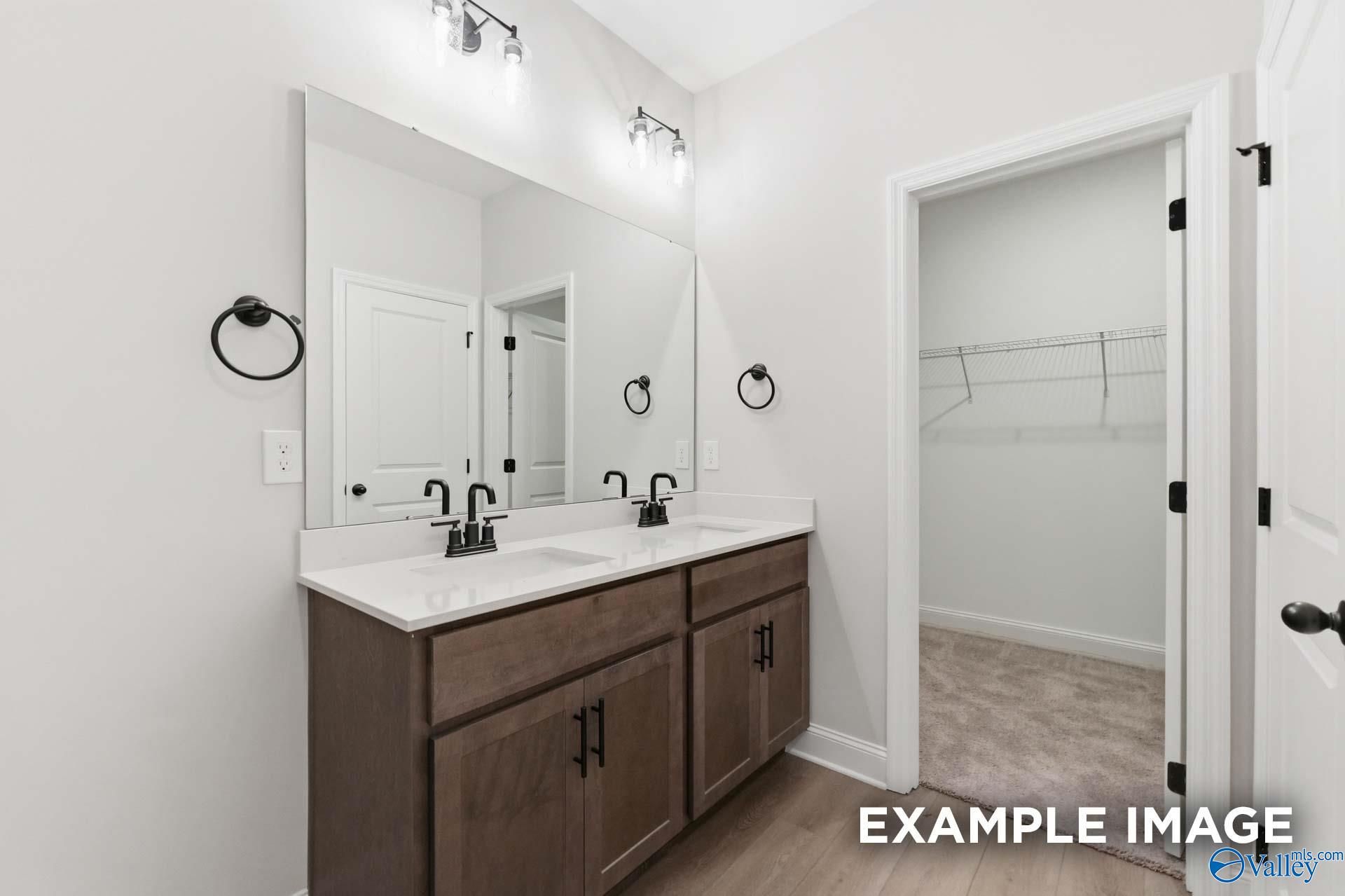 Modern bathroom vanity with double sinks and walk-in closet in The Franklin C floor plan at The Highlands, Arab, Alabama.