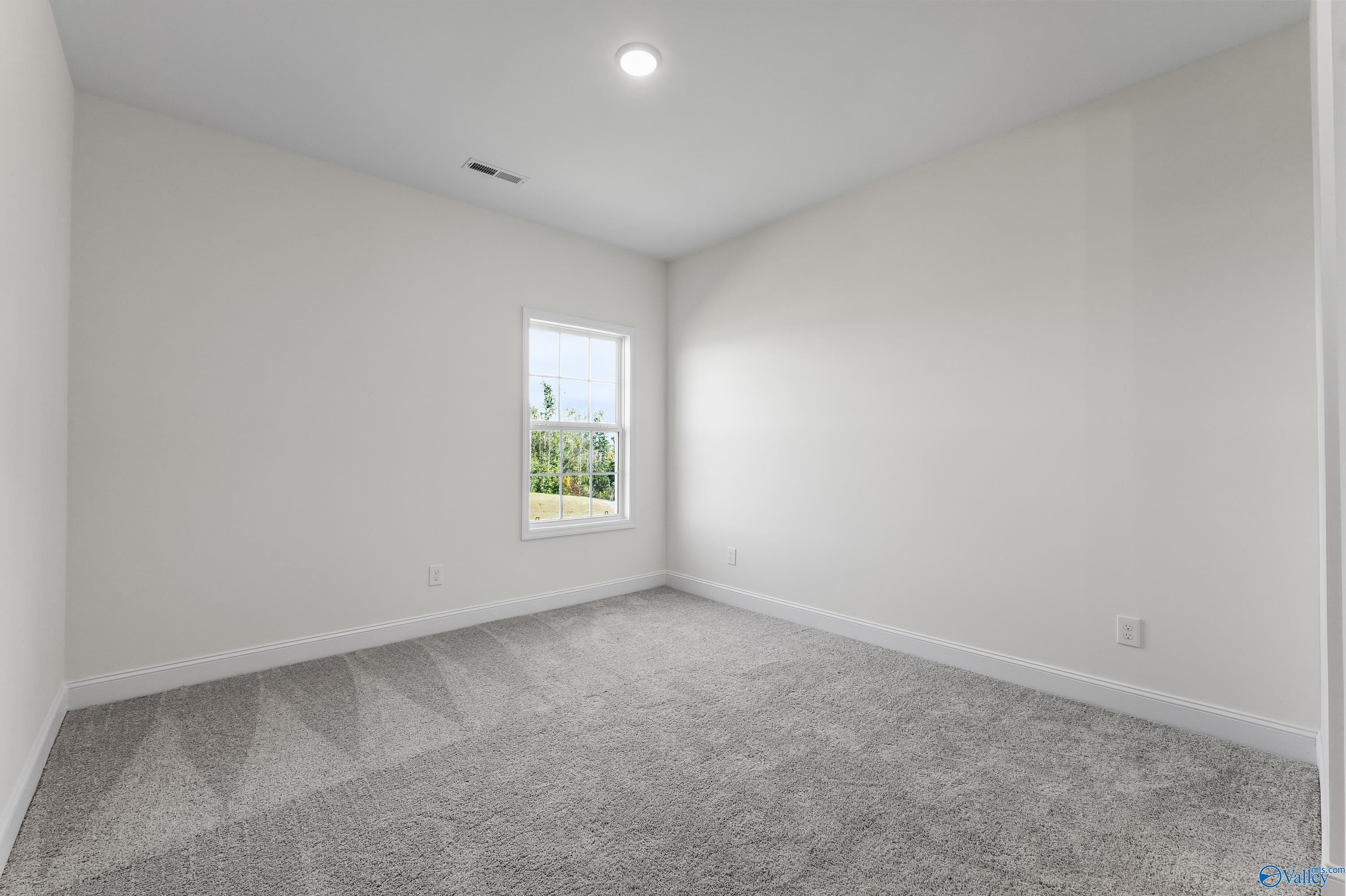 Empty bedroom with beige walls, gray carpet, and window overlooking trees in Davidson Homes The Finleigh, Harvest, Alabama