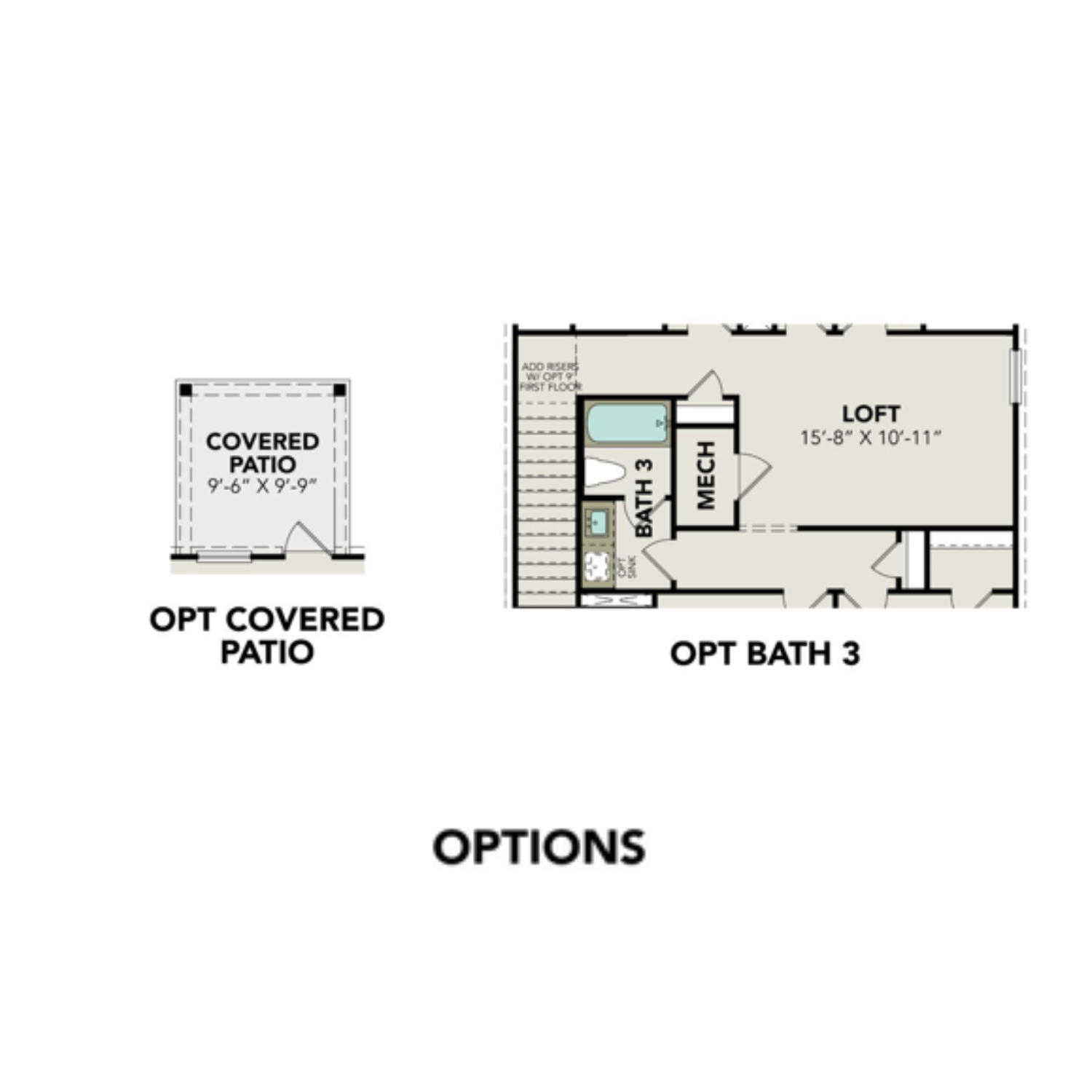 Second floor plan of The Brazos A showcasing 15x11 loft, Bath 3, mechanical room, and optional covered patio options