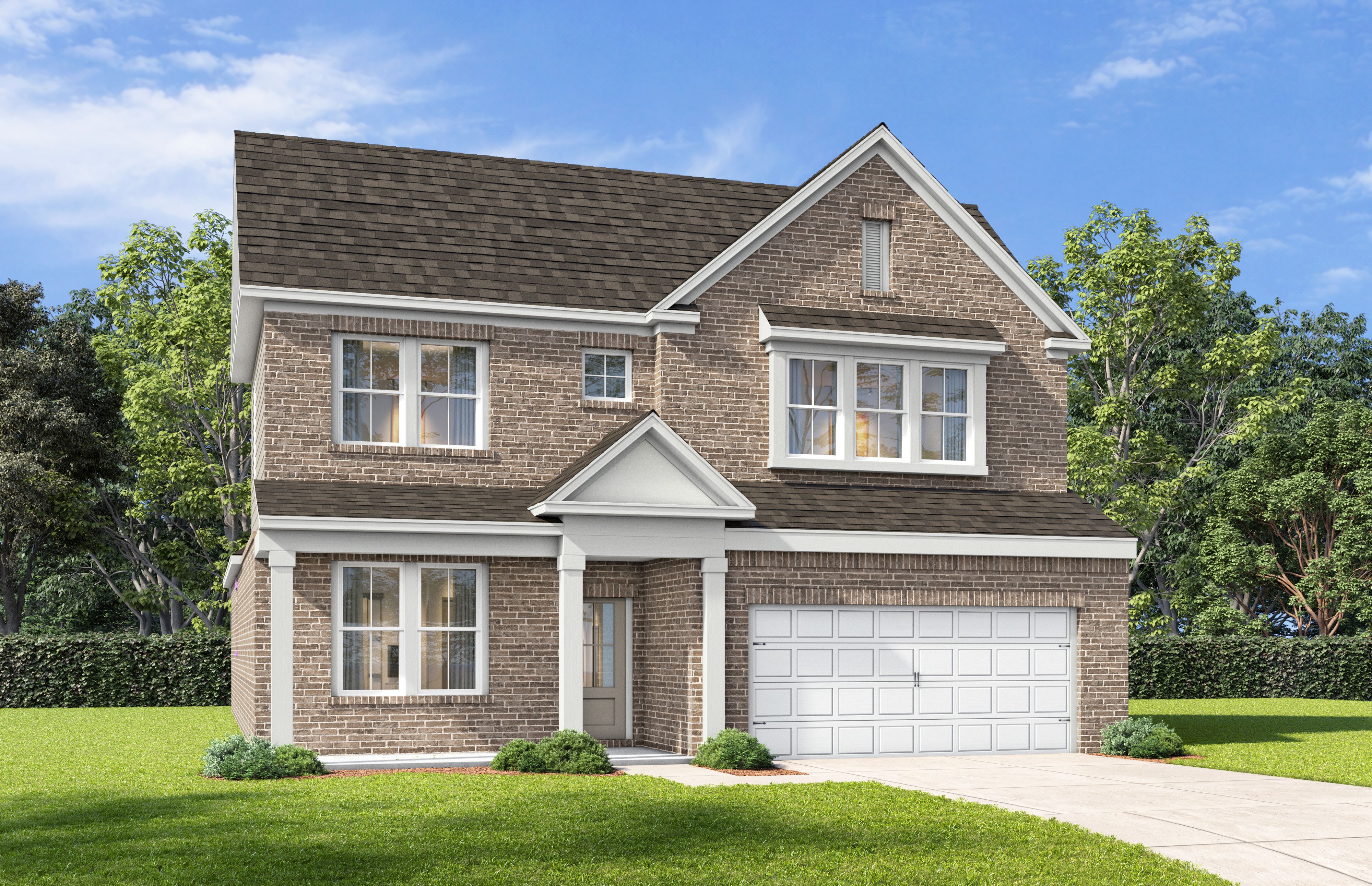 Two-story brick exterior of The Ashport I craftsman home design by Davidson Homes with a two-car garage.