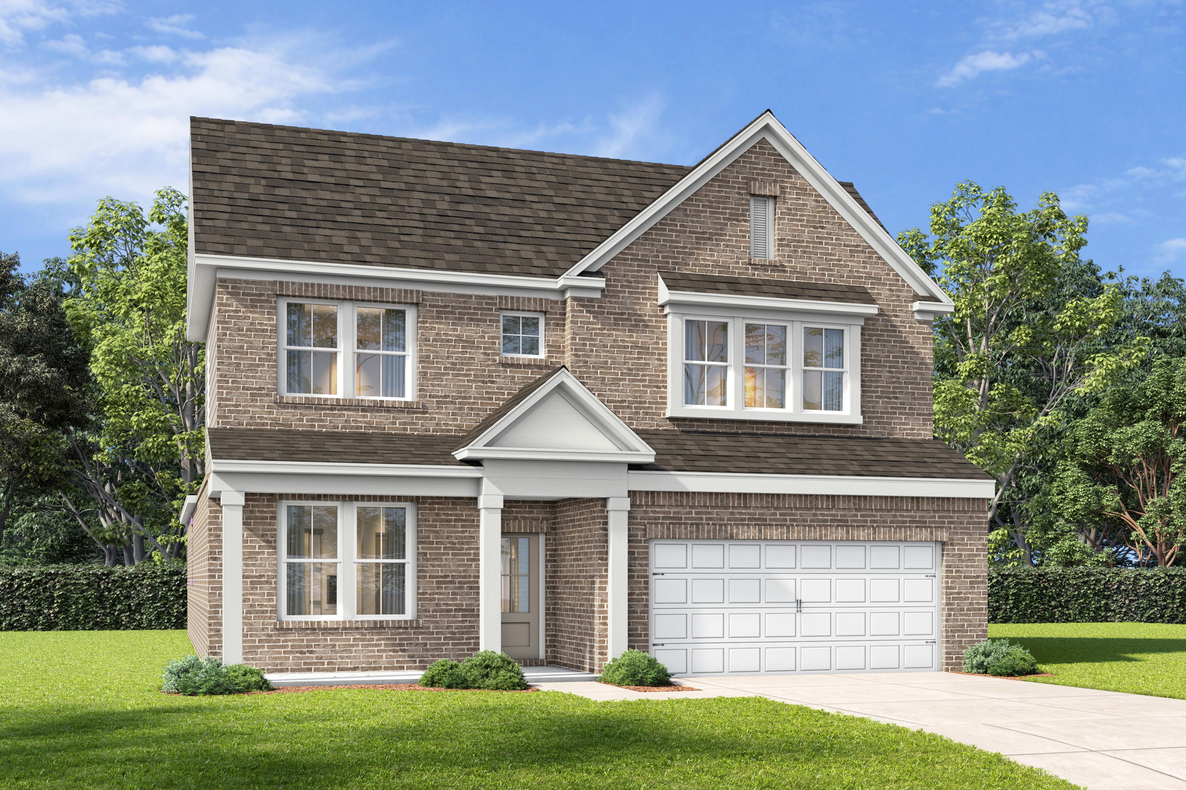 Two-story brick exterior of The Ashport I craftsman home design by Davidson Homes with a two-car garage.