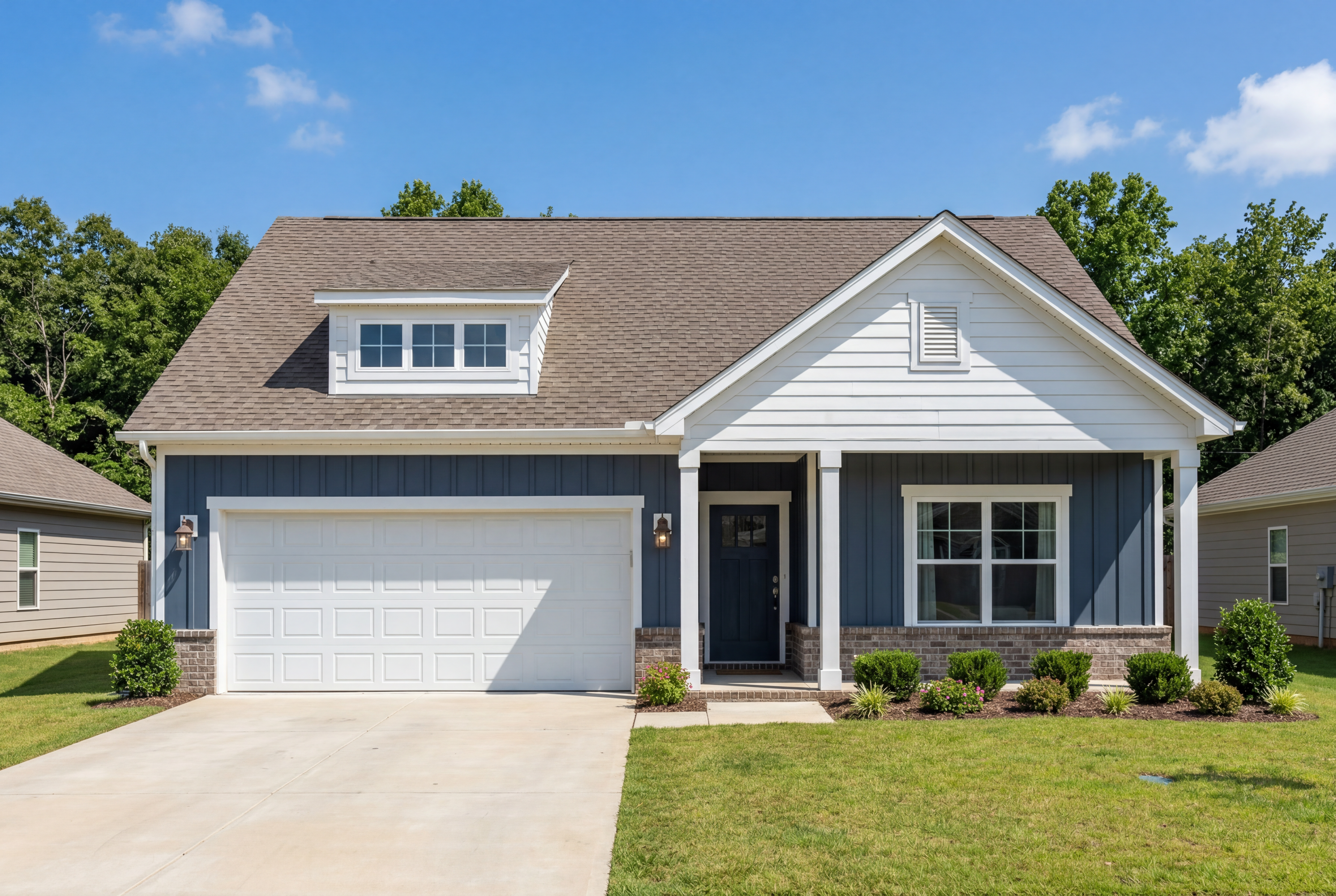 The Franklin E 1-story home design by Davidson Homes featuring blue siding, white trim, and an attached 2-car garage.