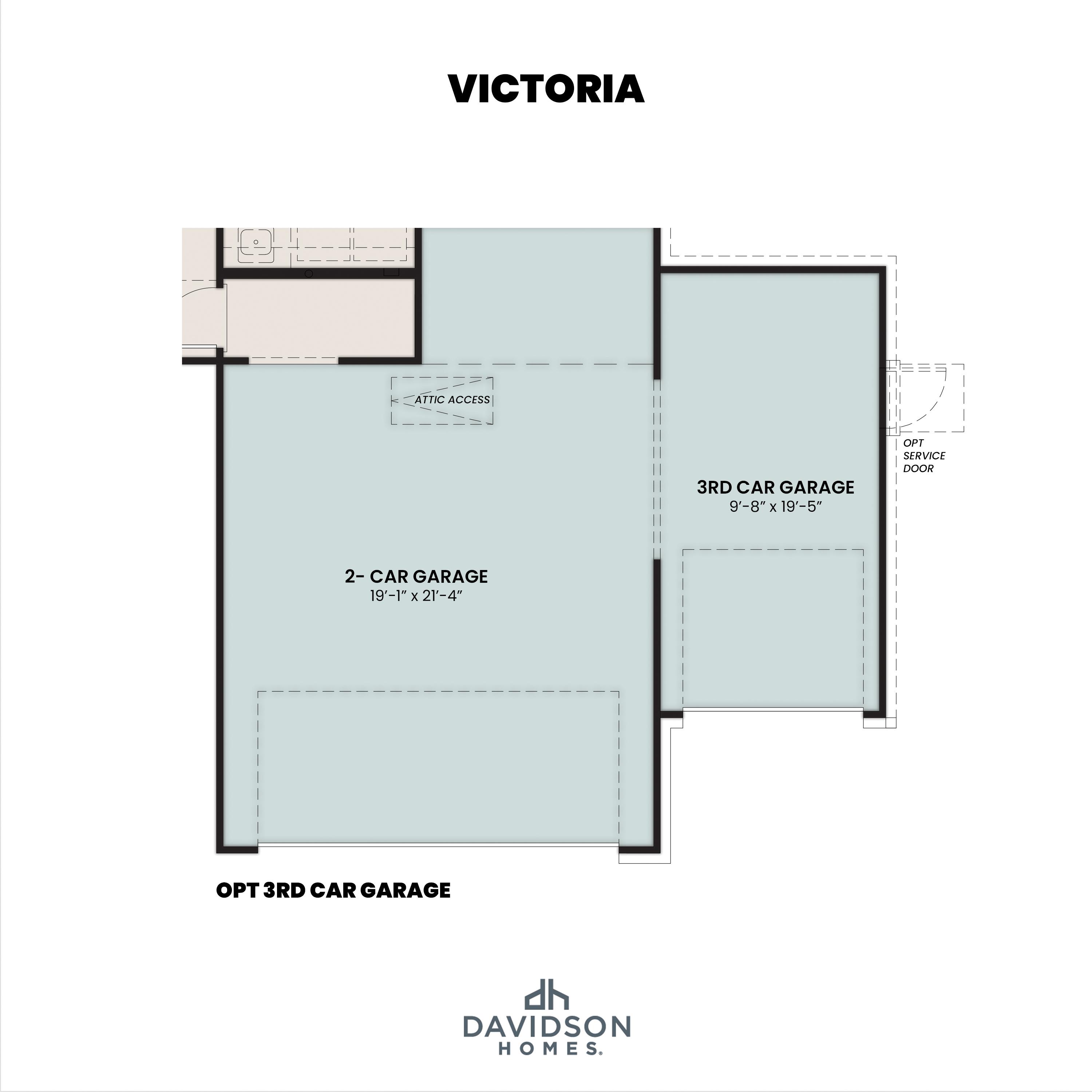 Garage floor plan of The Victoria by Davidson Homes showing 2-car garage with optional 3rd car bay and service door.