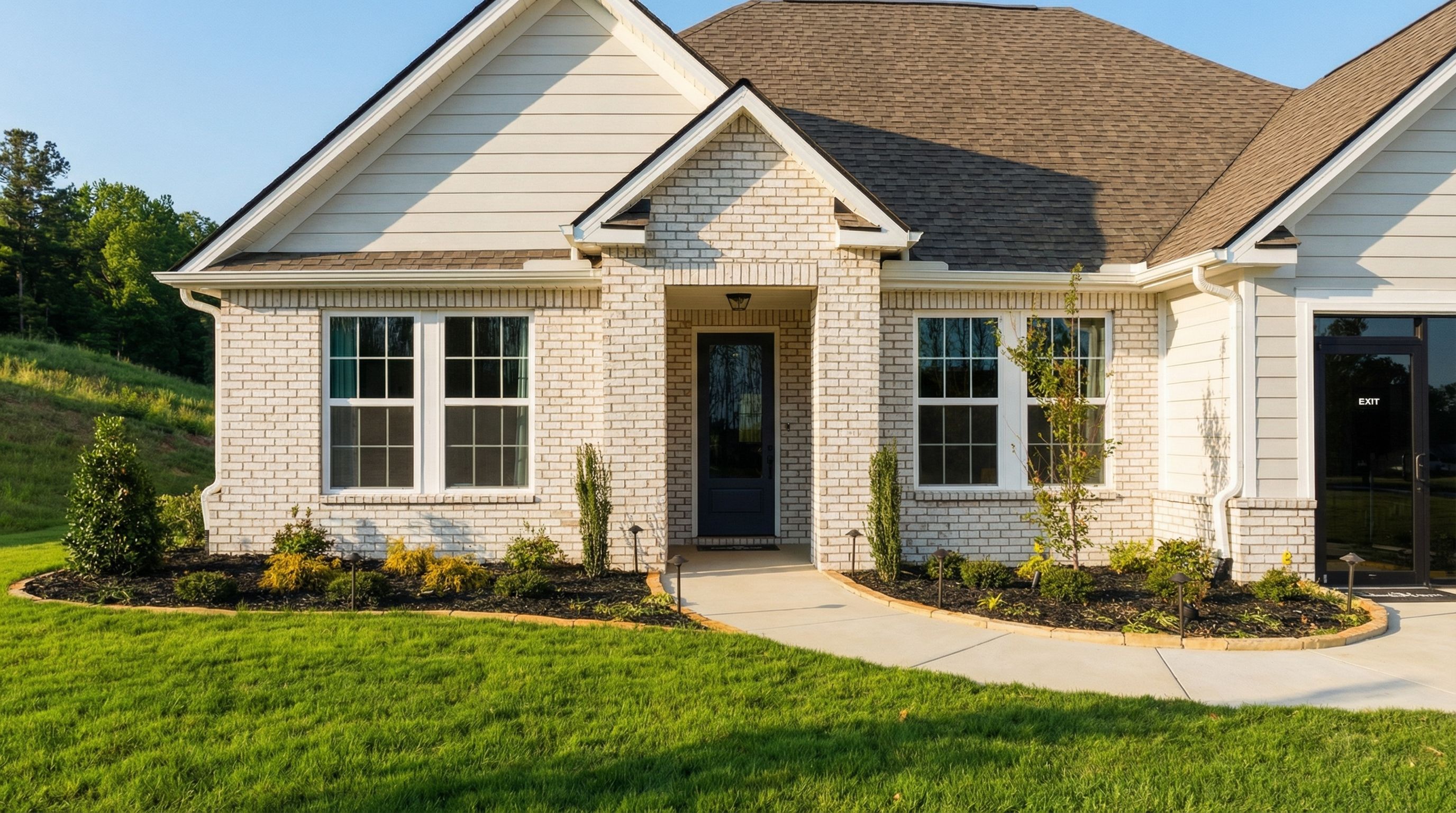 The Hibiscus F one-story home exterior in Cullman AL: white siding, brick accents, shingled roof, garage, and landscaped yard