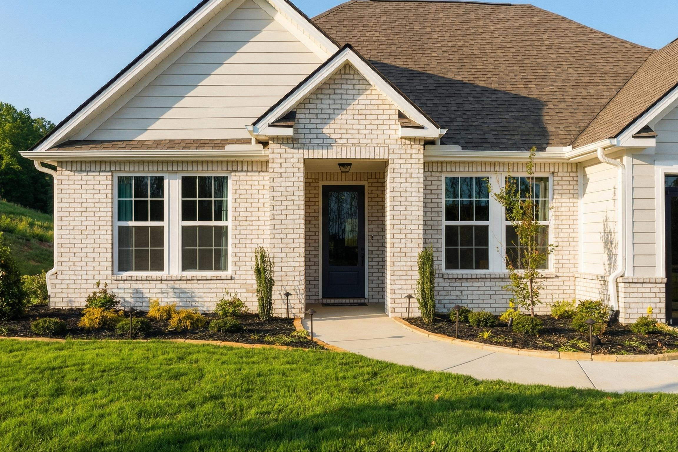 The Hibiscus F one-story home exterior in Cullman AL: white siding, brick accents, shingled roof, garage, and landscaped yard