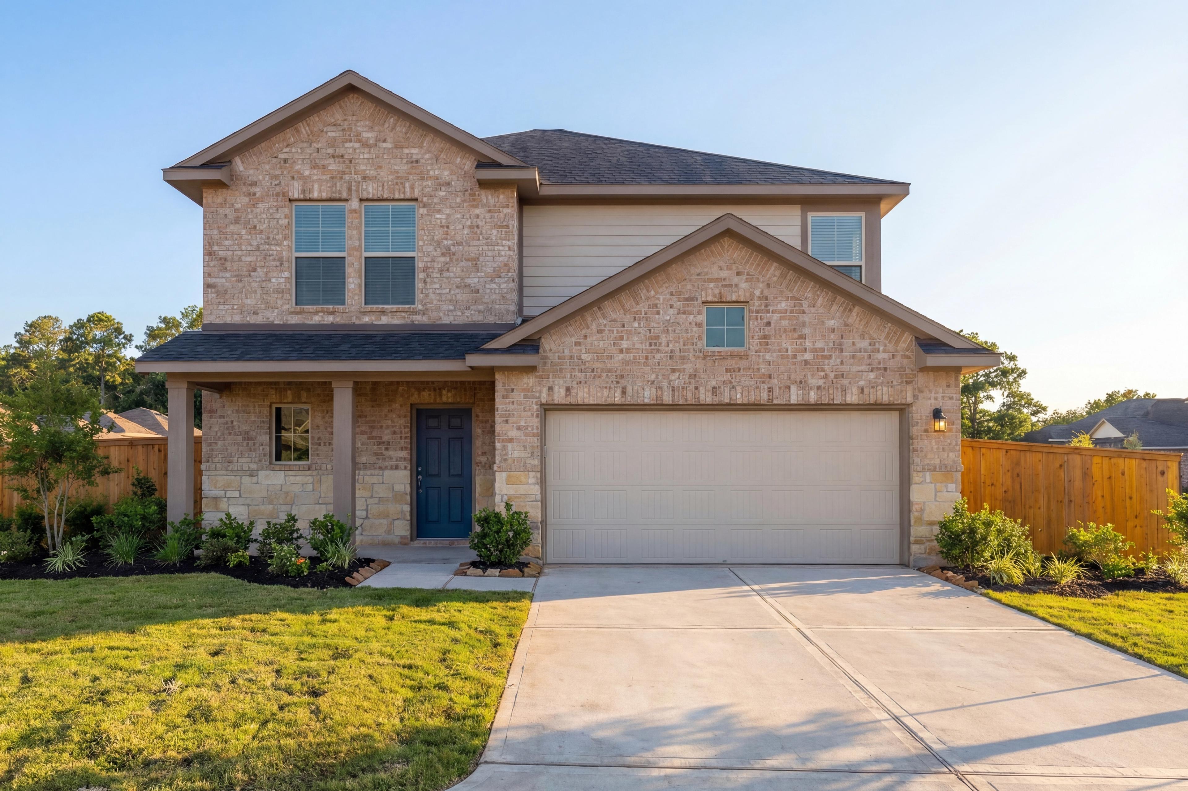 Two-story brick Tierra B home elevation with beige siding, 2-car garage, blue door, and landscaped yard in Rosharon, Texas