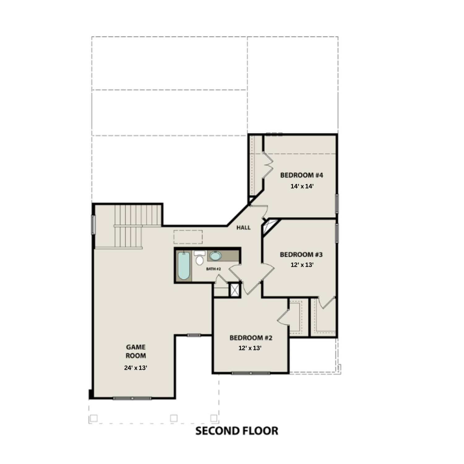 Second floor plan of The Ridgeport C showcasing three bedrooms, game room, full bath, and hallway stairs
