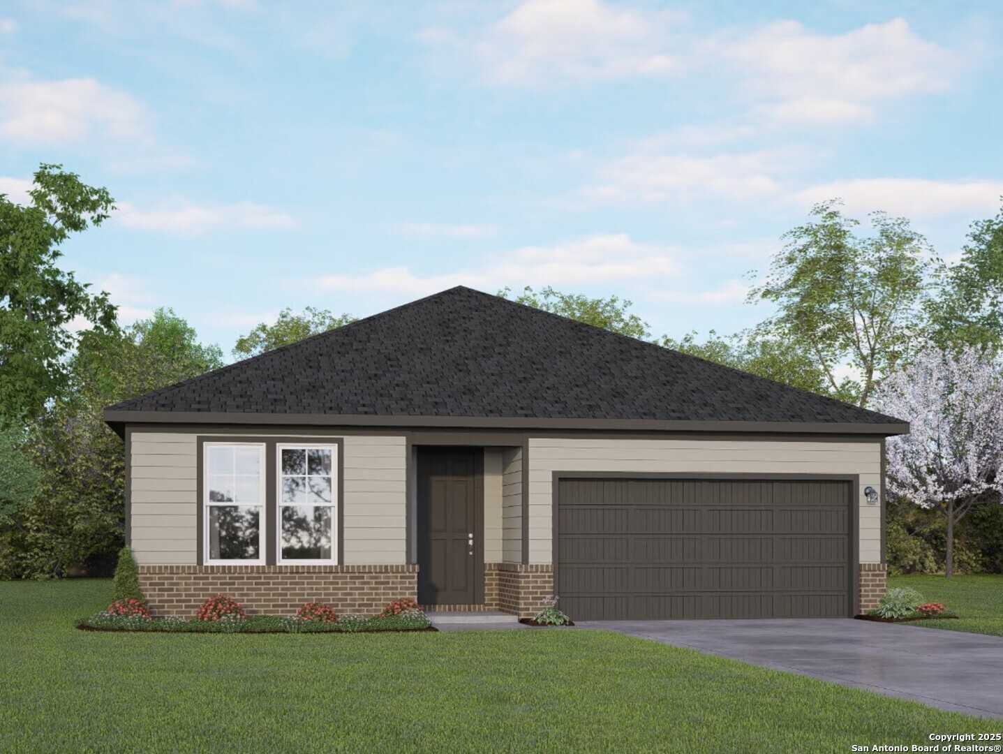 Modern 1-story 3-bedroom home with beige siding, dark roof, 2-car garage, and landscaped yard in Hickory Ridge, Elmendorf, Texas - Davidson Homes The Daphne E