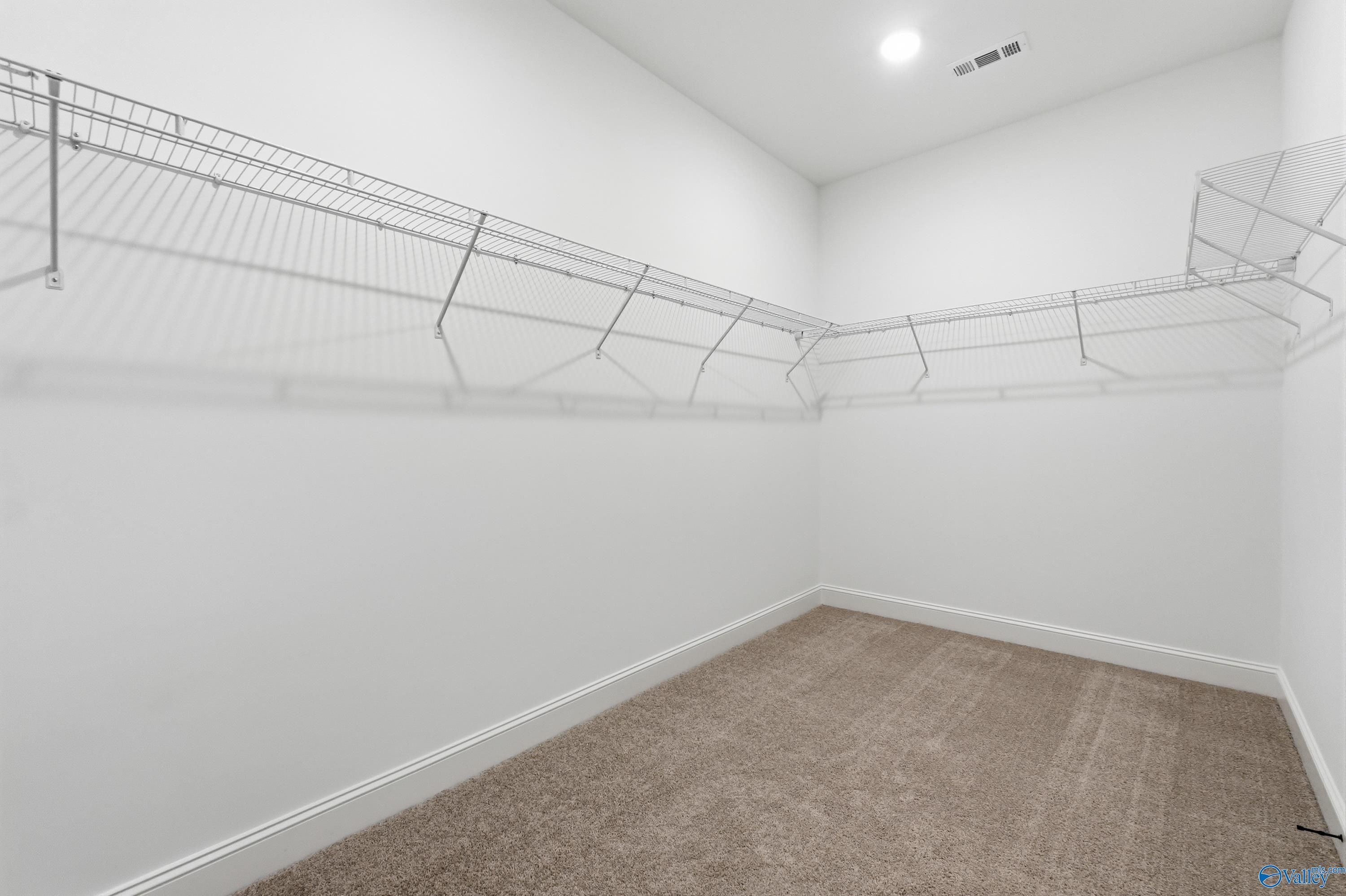Spacious walk-in closet featuring wire shelving, white walls, and carpeted floor in Davidson Homes The Finleigh, Meridianville, Alabama