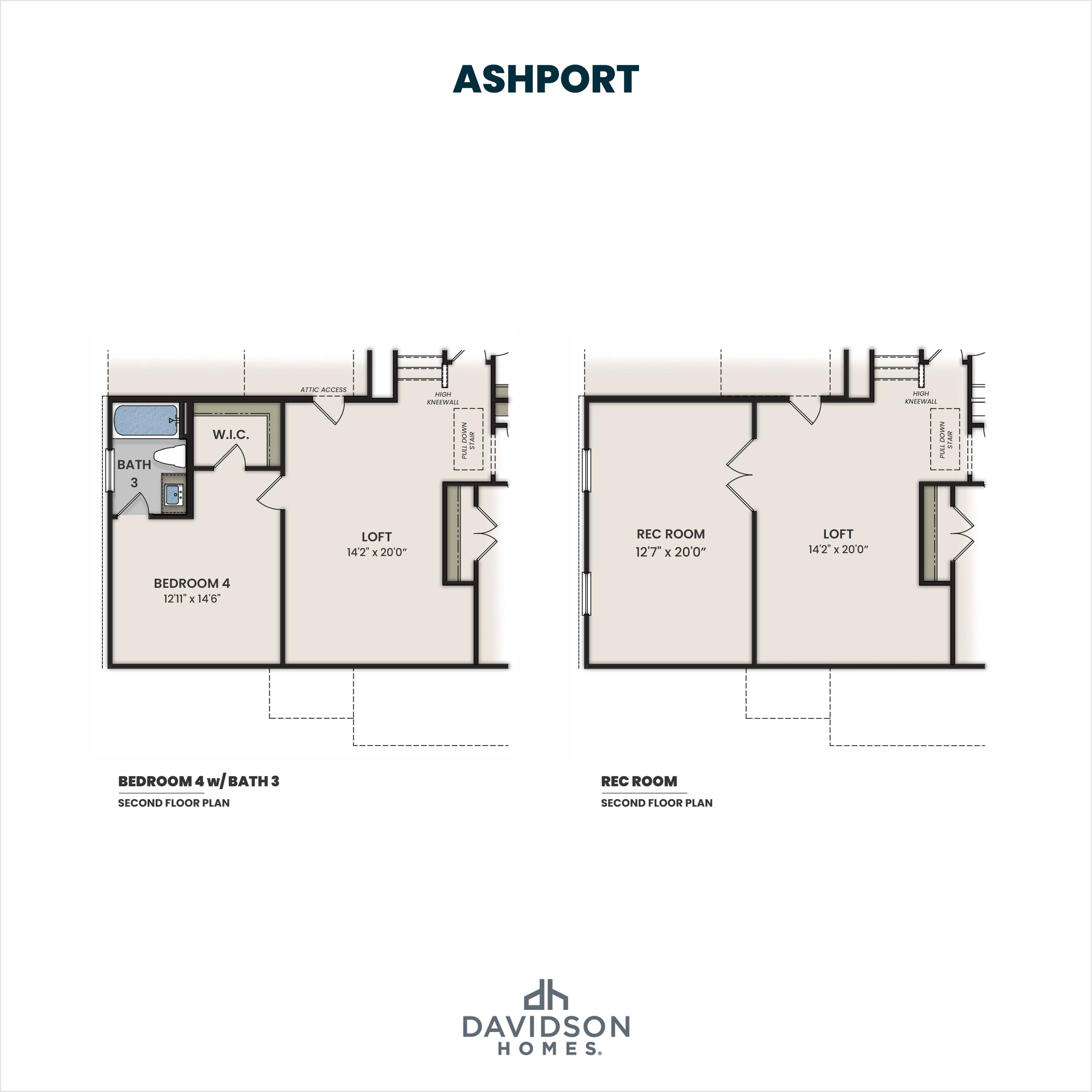 Ashport floor plans by Davidson Homes: first floor master suite, 3-4 bedrooms, baths, loft; second floor rec room, bedrooms, loft in Mooresville NC