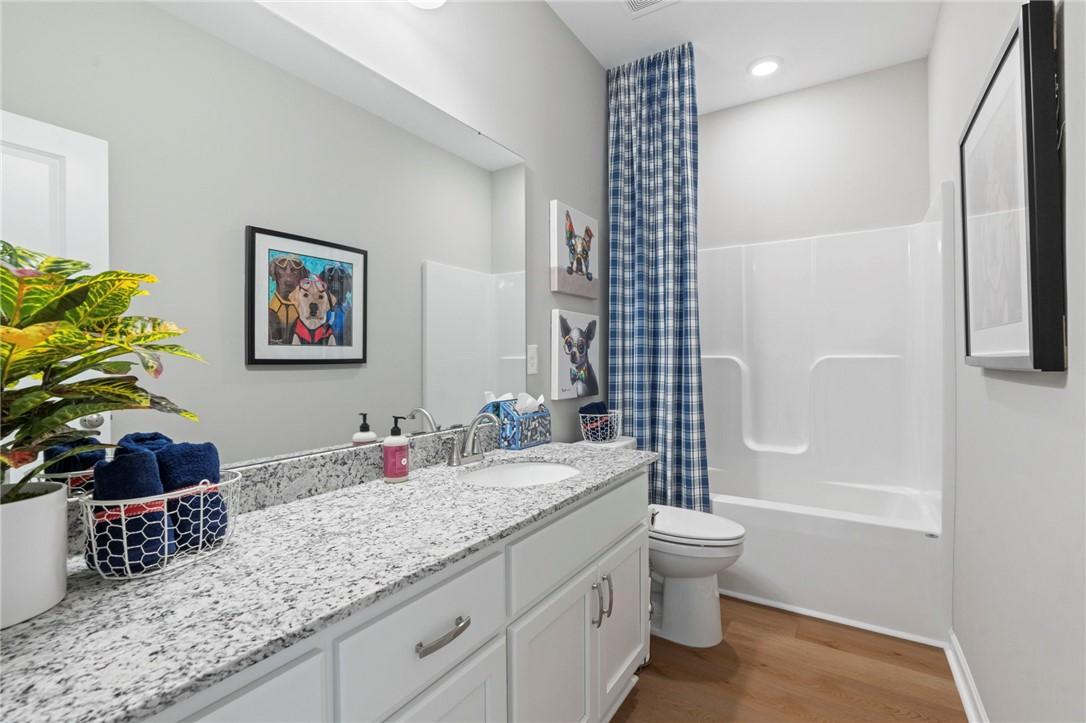 Modern bathroom with granite vanity, white cabinets, blue striped shower curtain, and dog art in Davidson Homes The Phoenix B, Opelika, Alabama