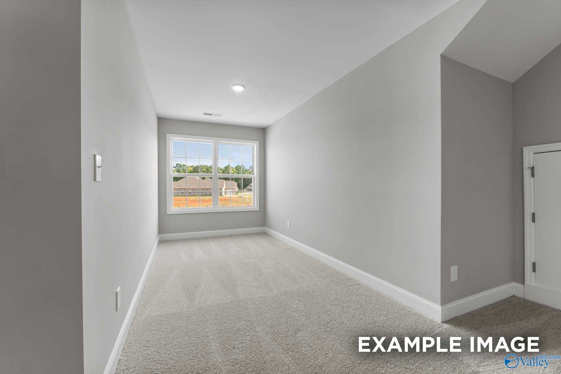 Bright hallway with large windows, gray walls, and carpeted floor in Davidson Homes The Rockford D, Hazel Green, Alabama