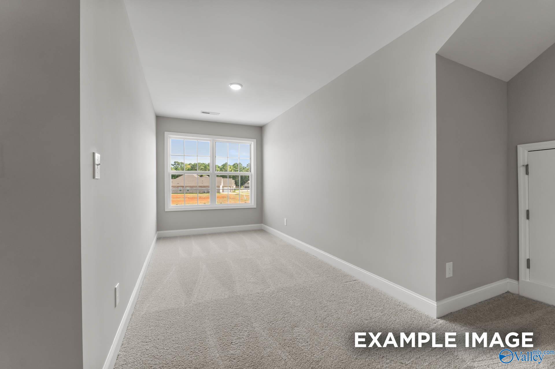 Spacious upstairs hallway with large windows, gray walls, and carpeted flooring in Davidson Homes The Rockford with Bonus, Madison, Alabama