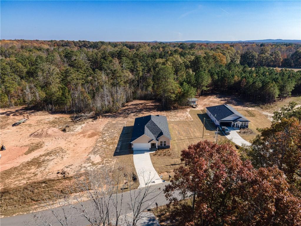 Aerial view of The Orion 4-bedroom, 1-story home by Evermore Homes in Silver Oak, Cusseta, Alabama, amid pine forests