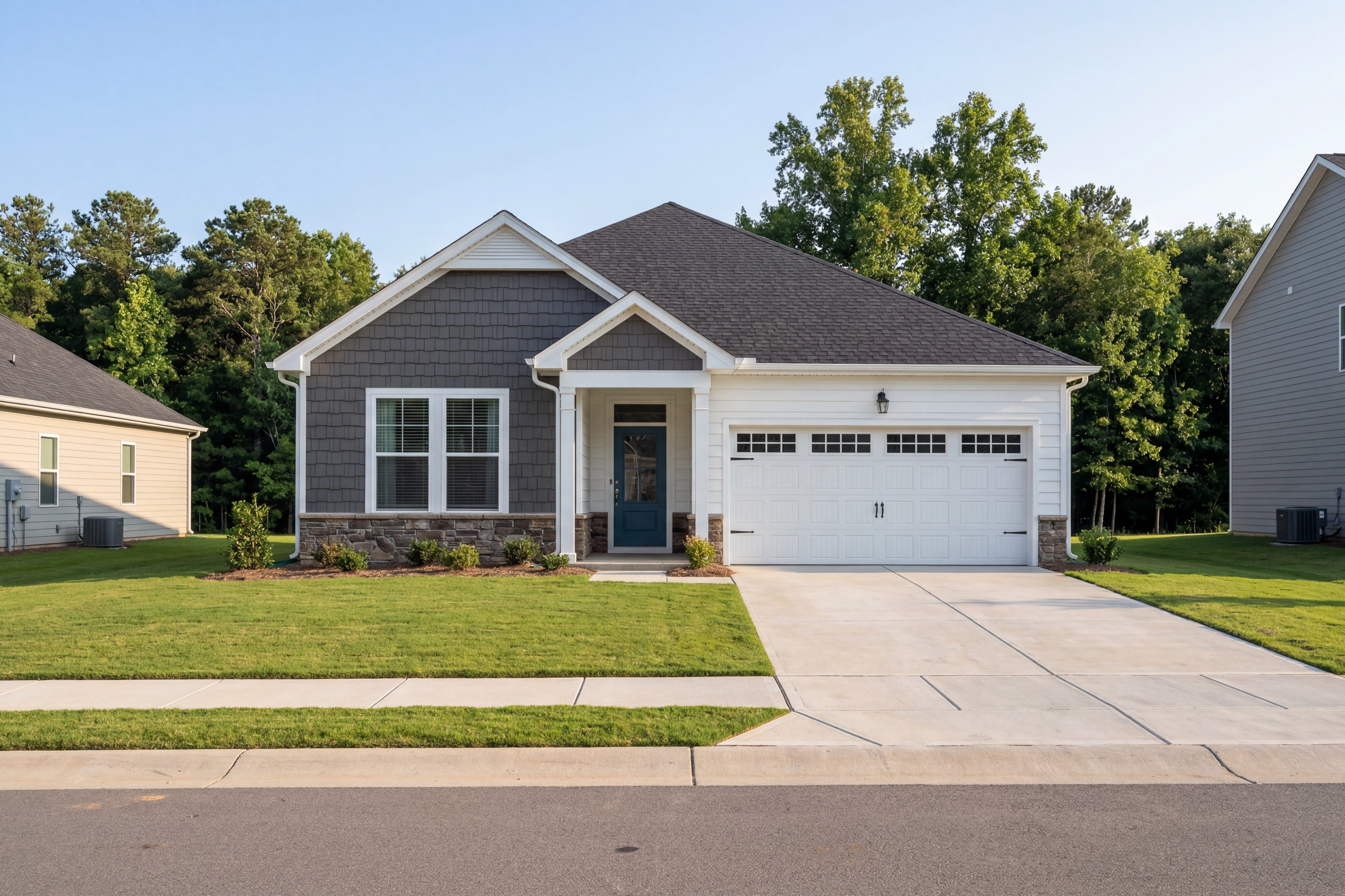 Charming single-story Daphne C home elevation with gray shake siding, black roof, 2-car garage, blue door, lush yard in Lillington NC