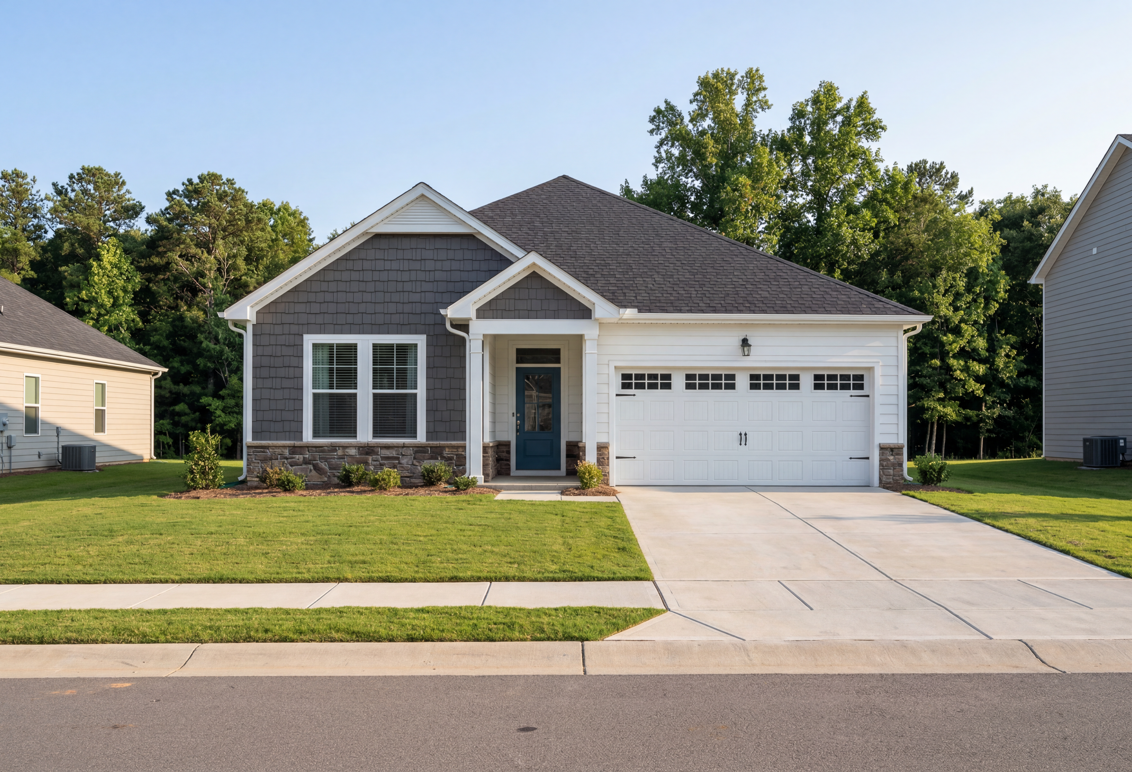Charming single-story Daphne C home elevation with gray shake siding, black roof, 2-car garage, blue door, lush yard in Lillington NC