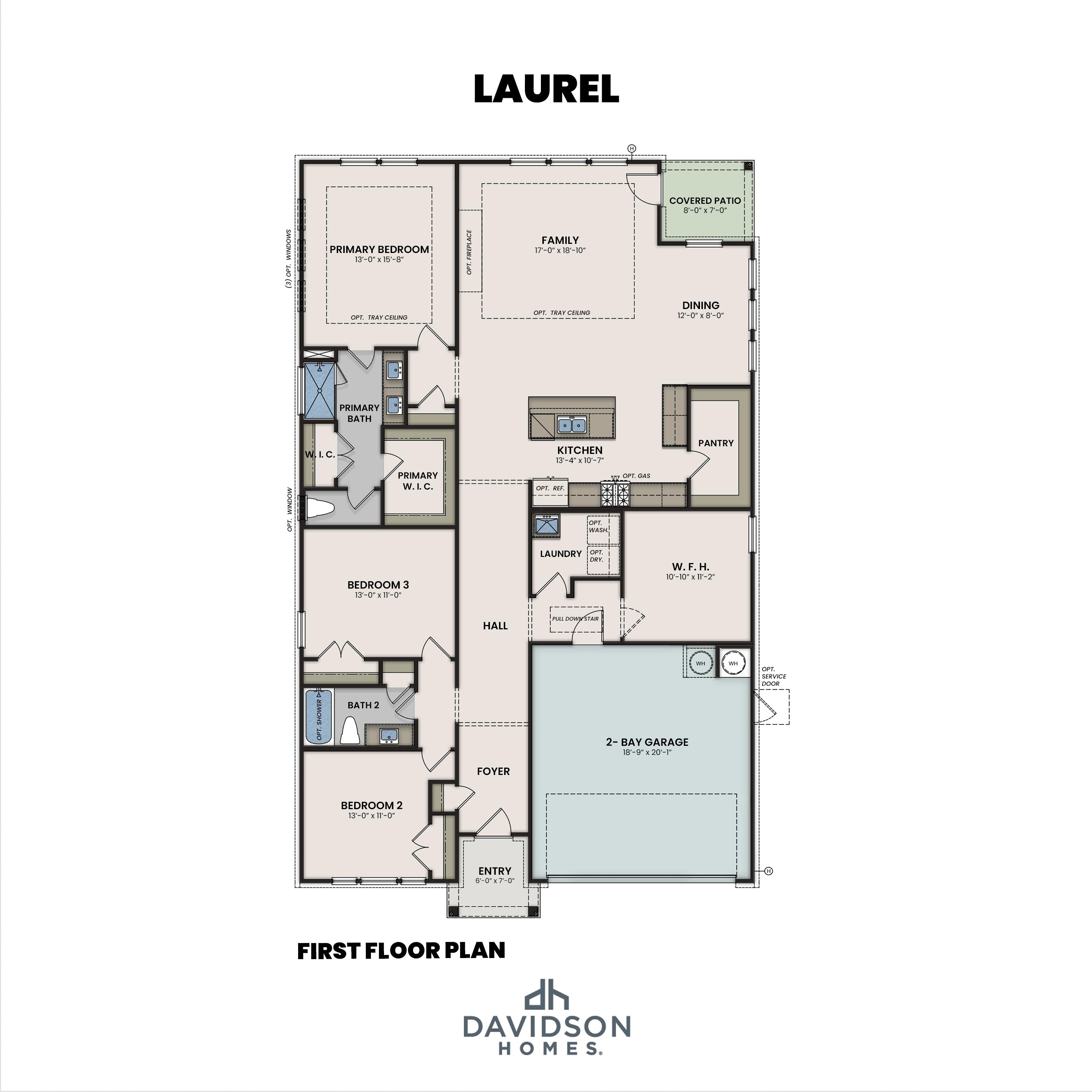 The Laurel floor plan featuring a main-level primary suite, open-concept kitchen, and 2-car garage in Cullman, Alabama.