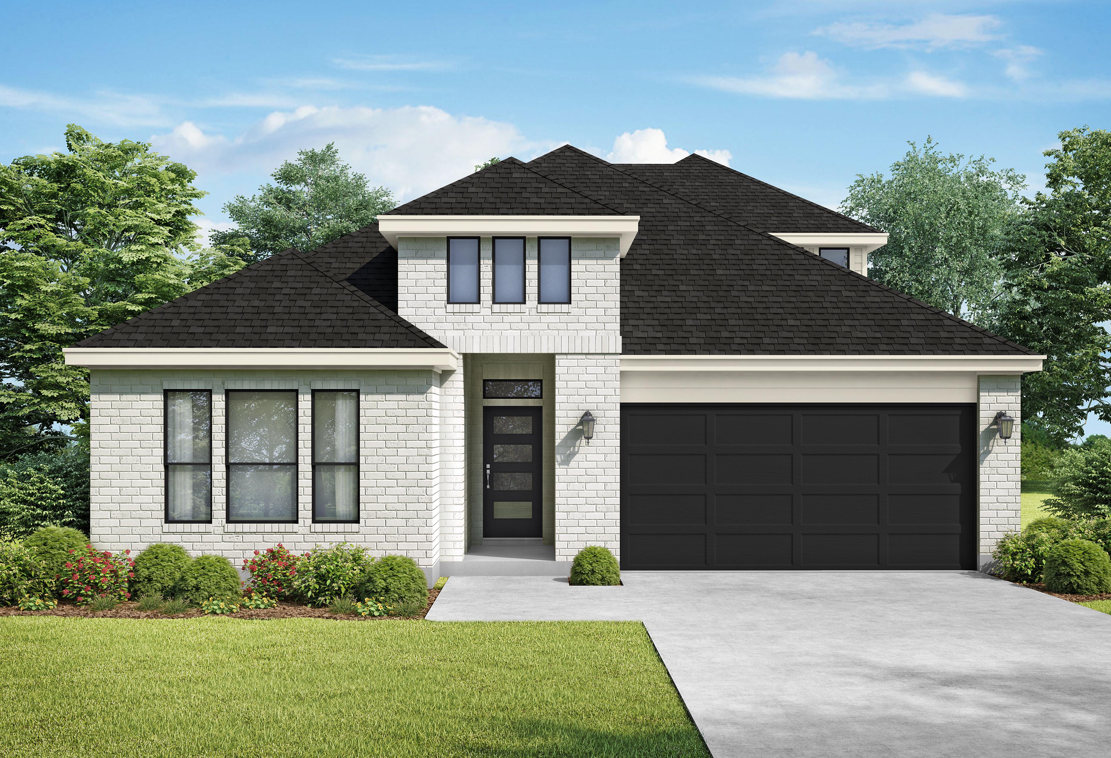 Modern white brick elevation of The Collin A single-story home with black shingled roof and two-car garage in Seguin Texas