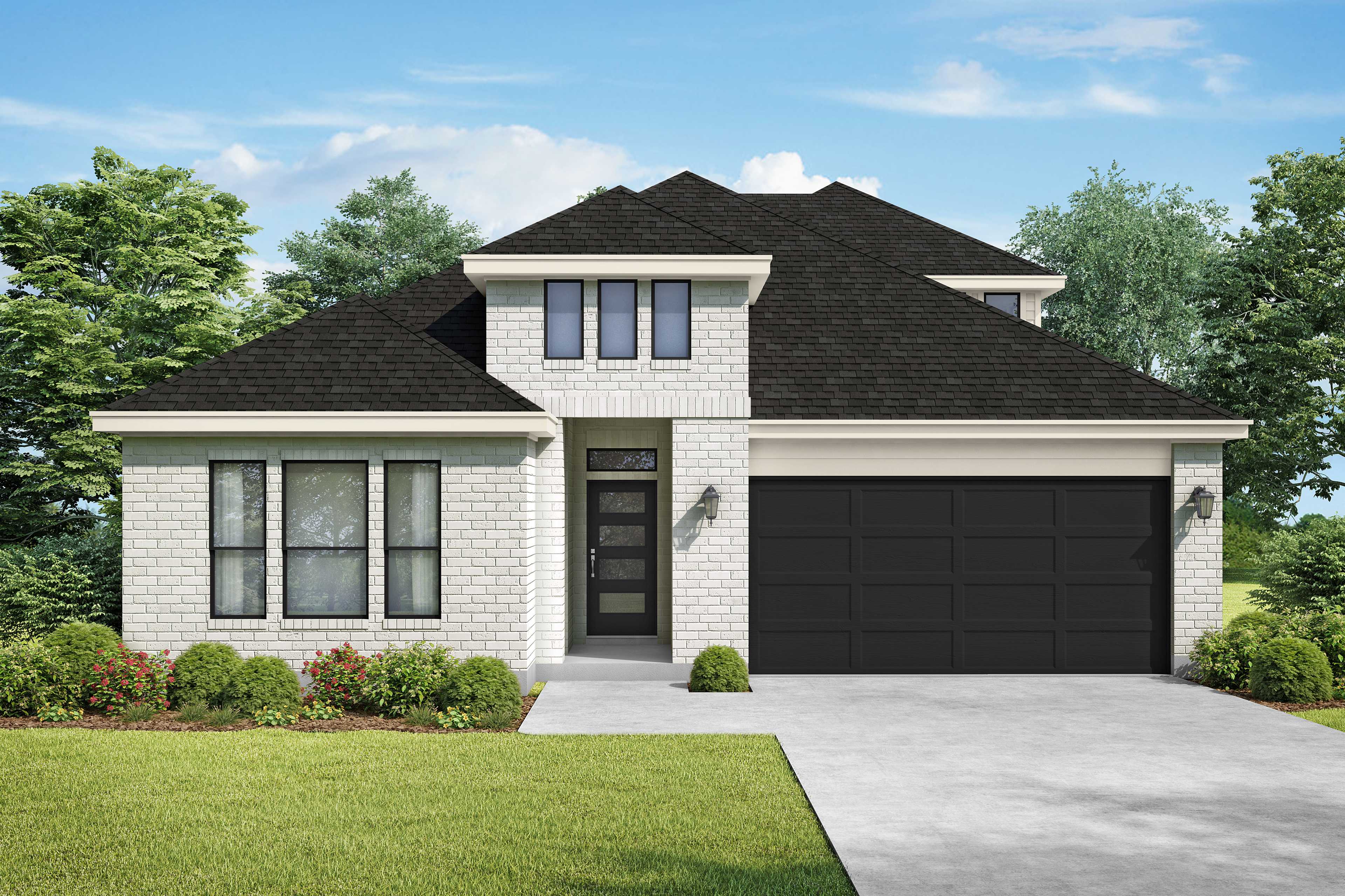 Modern white brick elevation of The Collin A single-story home with black shingled roof and two-car garage in Seguin Texas
