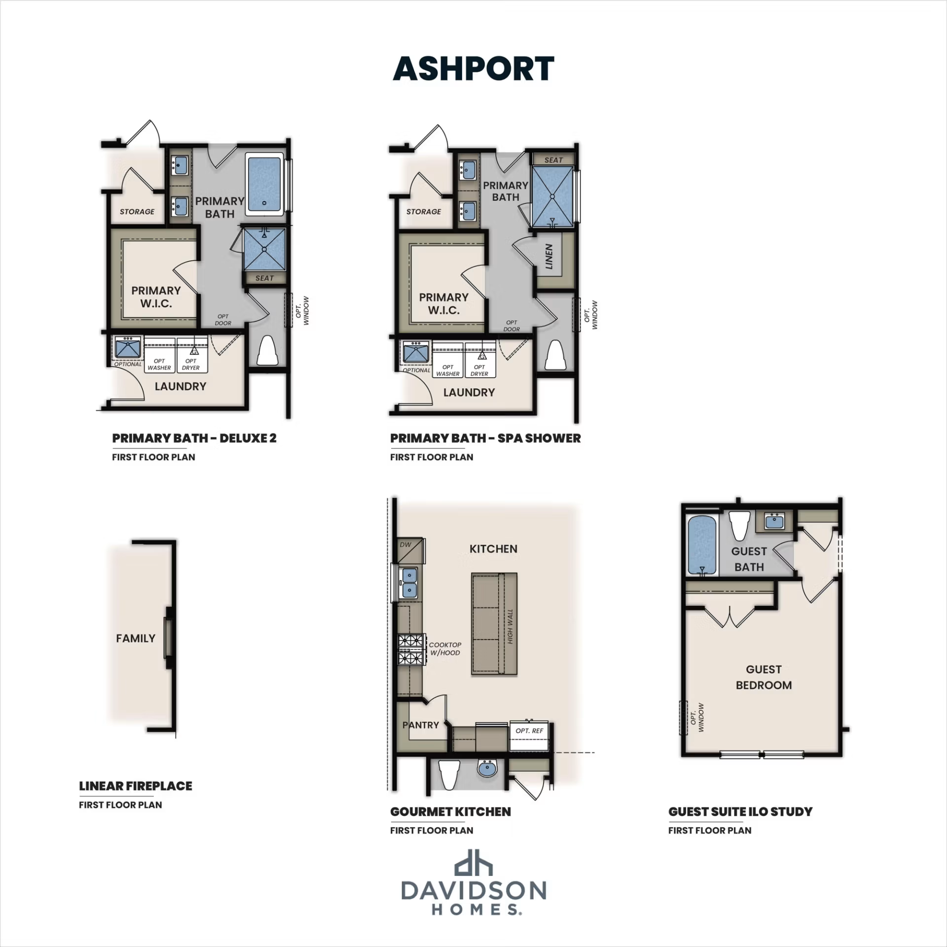 The Ashport floor plan options featuring primary bath layouts, gourmet kitchen, and guest suite configurations.