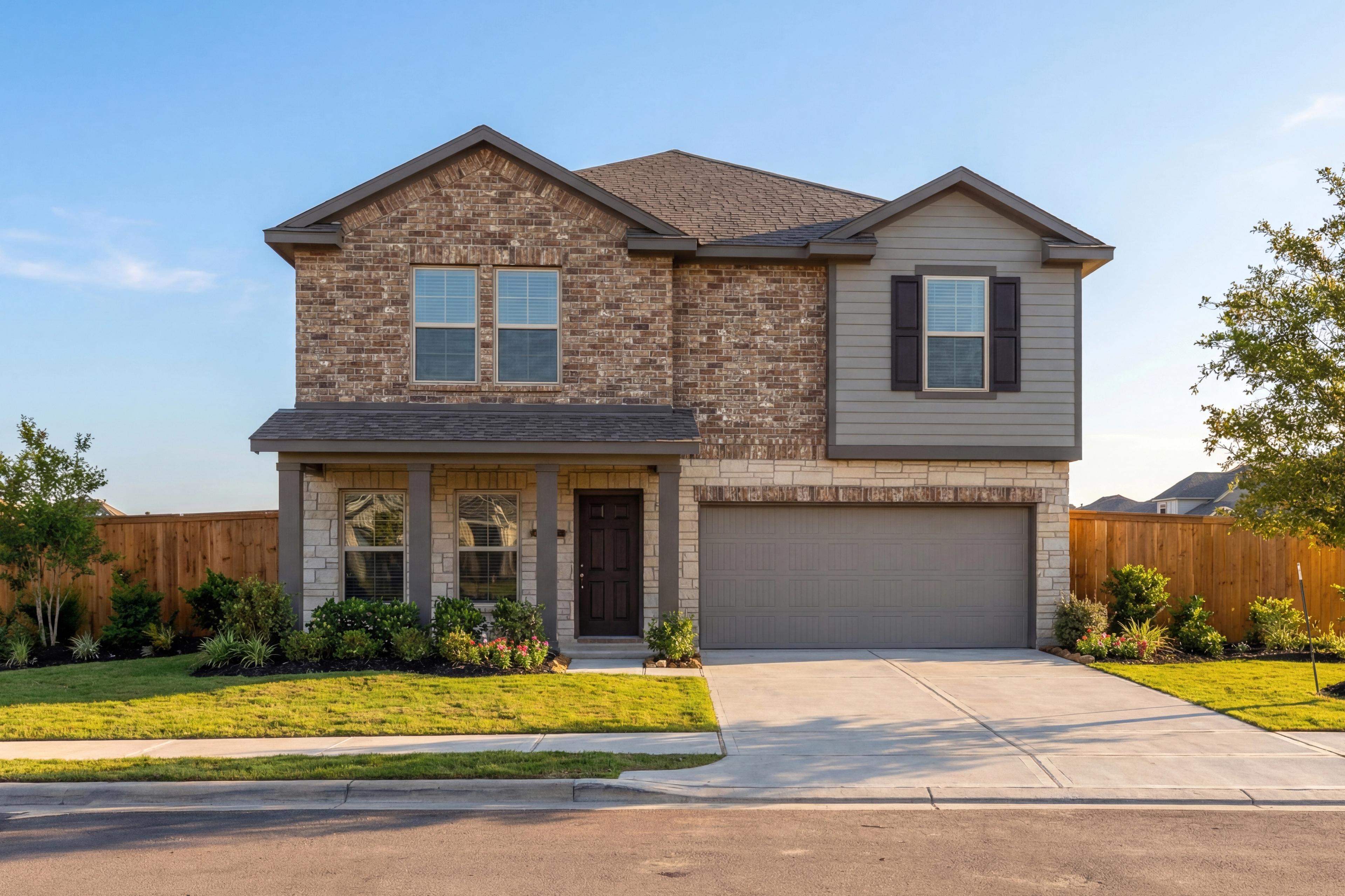 Two-story Solara C home by Davidson Homes: brick and siding exterior, two-car garage, covered porch, landscaped yard in Beasley, TX