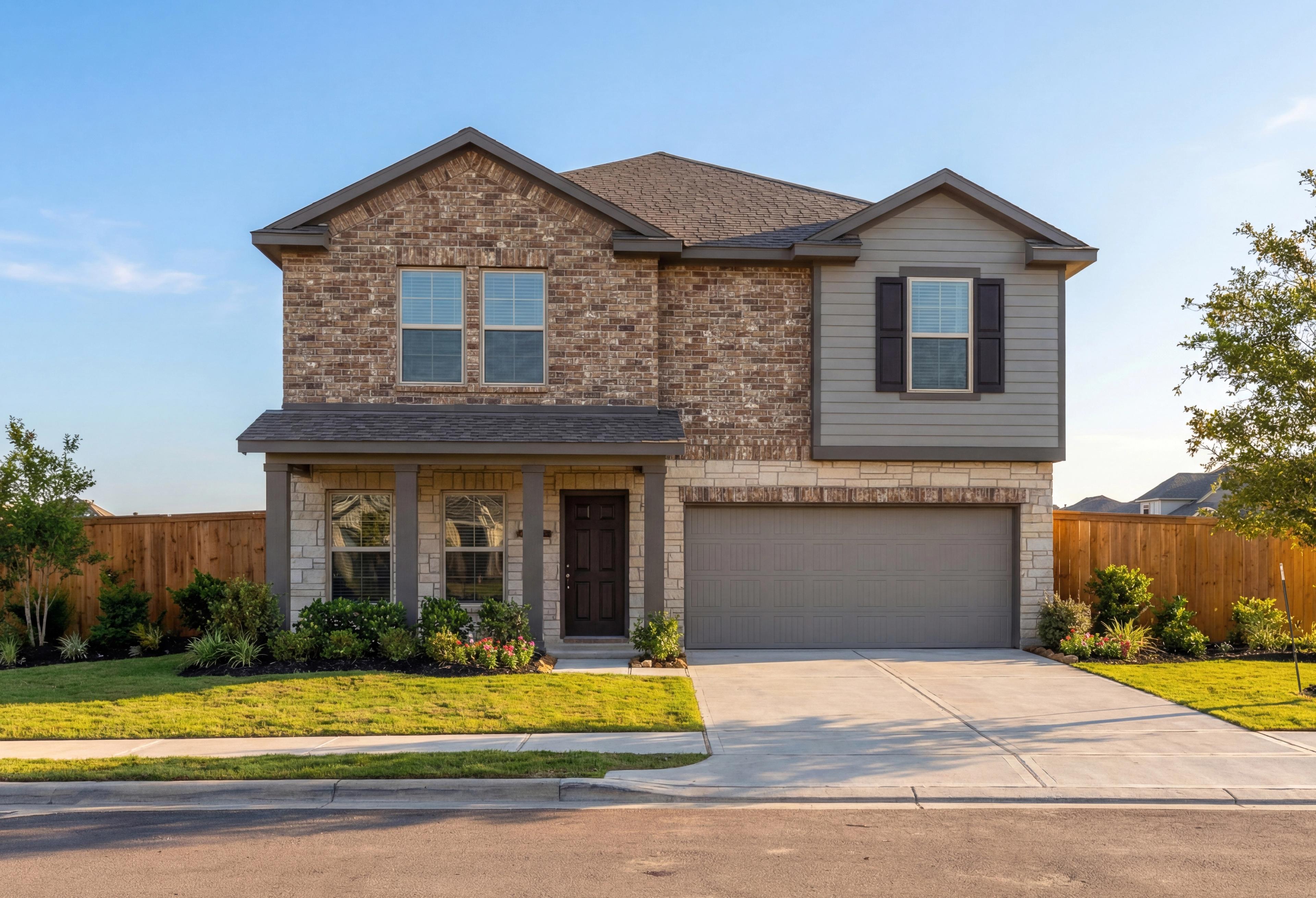 Two-story Solara C home by Davidson Homes: brick and siding exterior, two-car garage, covered porch, landscaped yard in Beasley, TX