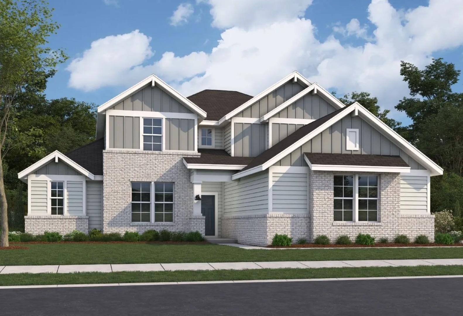 Contemporary 2-story elevation of The Avalon by Evermore Homes with white brick, gray siding, and 3-car garage
