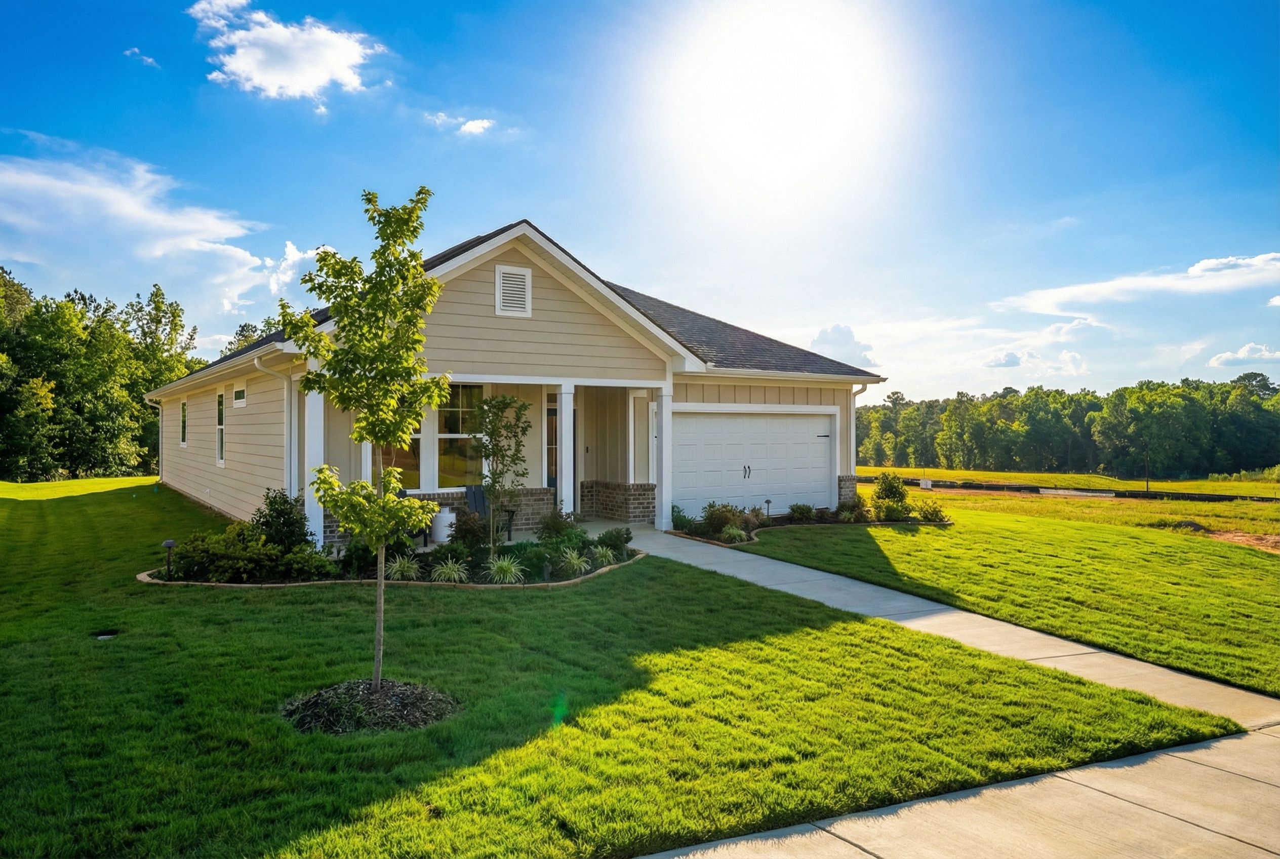Sunny front elevation of The Laurel K single-story home featuring CementConcrete exterior, 2-car garage, and landscaped yard in Cullman, AL