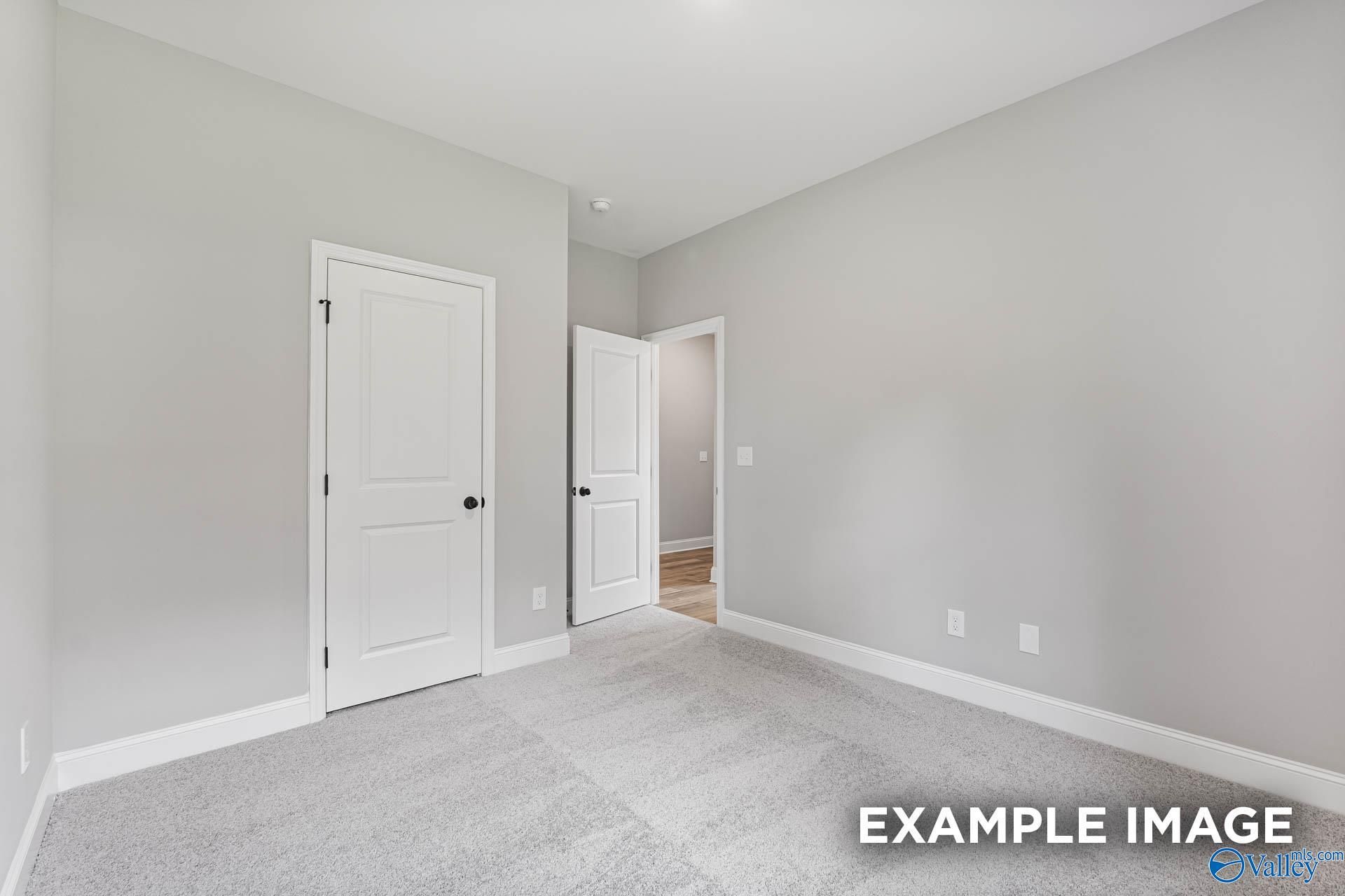 Cozy secondary bedroom featuring gray walls, plush carpet, and white double doors in Davidson Homes The Asheville C, Hazel Green, Alabama